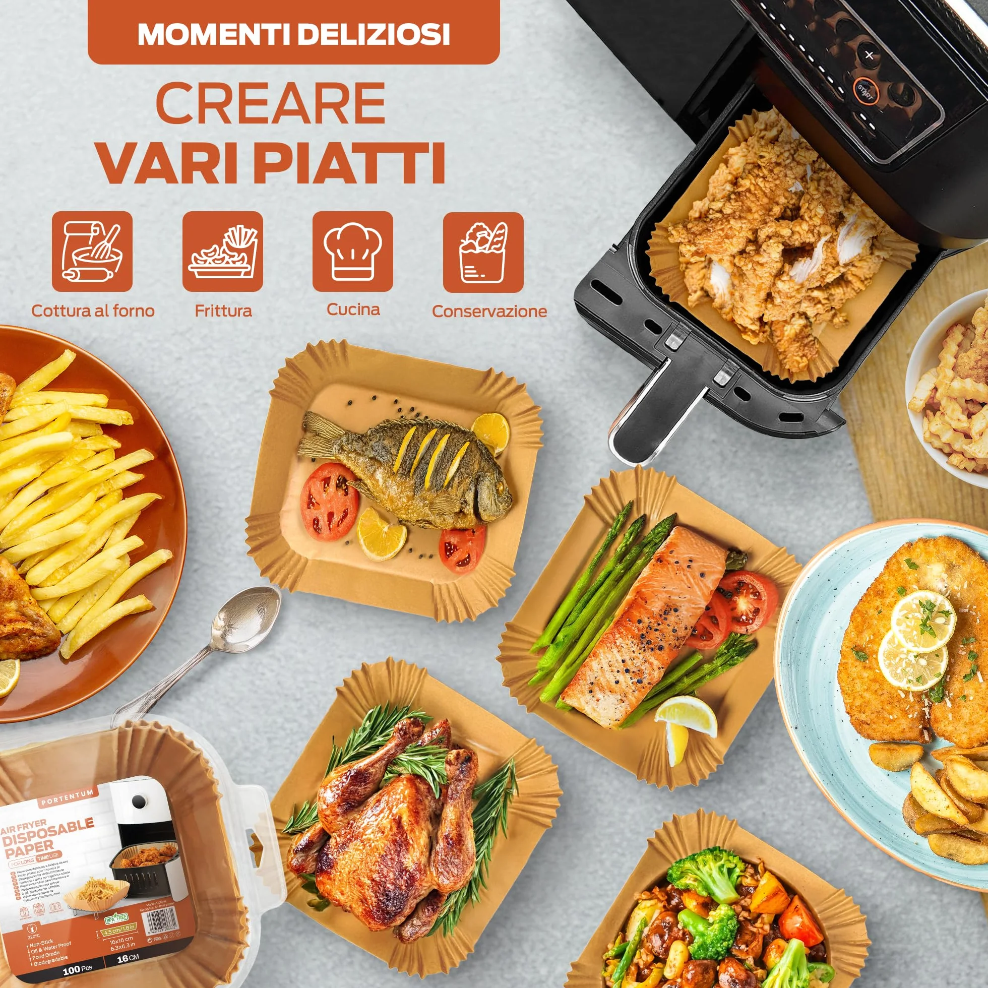 PORTENTUM Carta forno per friggitrice ad aria 100 unità quadrate 20–24 cm 5–8 L BPA Free