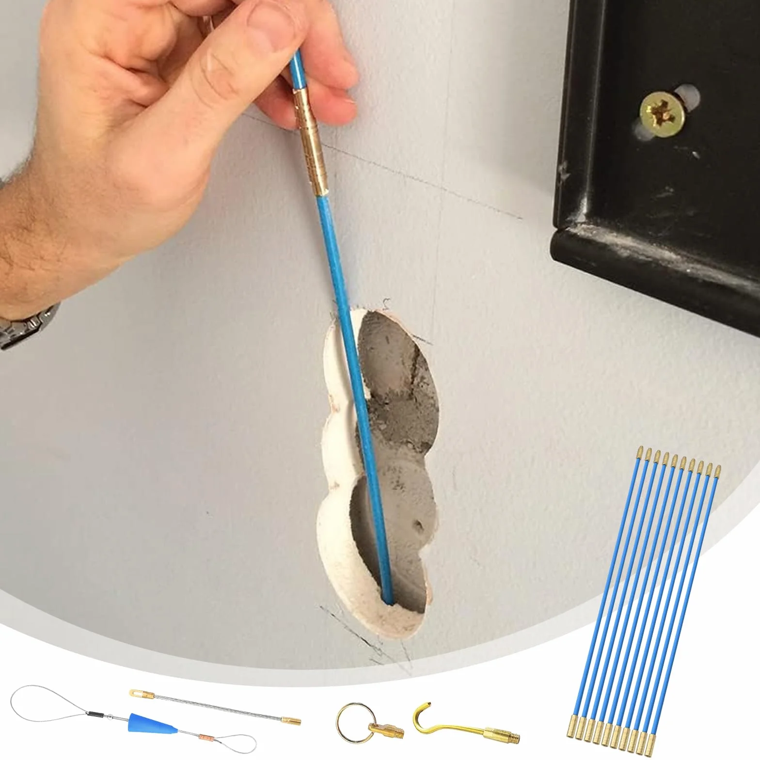 Aste Tiracavi in Fibra: 10 Pezzi Sonda Tiracavi con Molla di Guida, Sonda Tiracavi per cavi elettrici, Set Aste Tiracavi in Fibra di Vetro