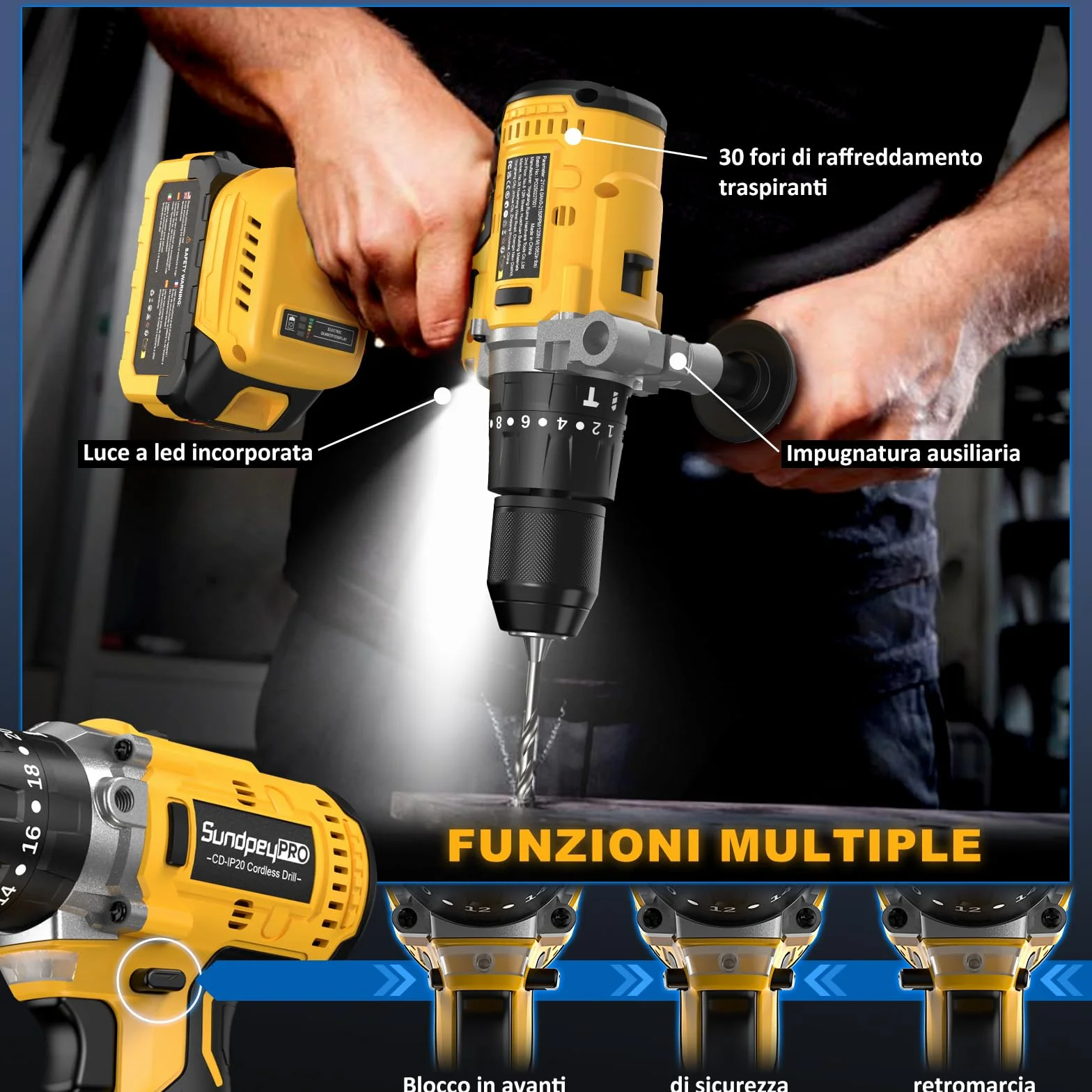 Trapano Percussione Batteria Brushless 21V - SundpeyPRO 120Nm Trapano Avvitatore a Batteria con 2 Batterie 4Ah, 20+3 Coppie, 13mm Mandrino, 2 Velocità, 35 PZ Accessori, per Casa Riparazione, Fai da te