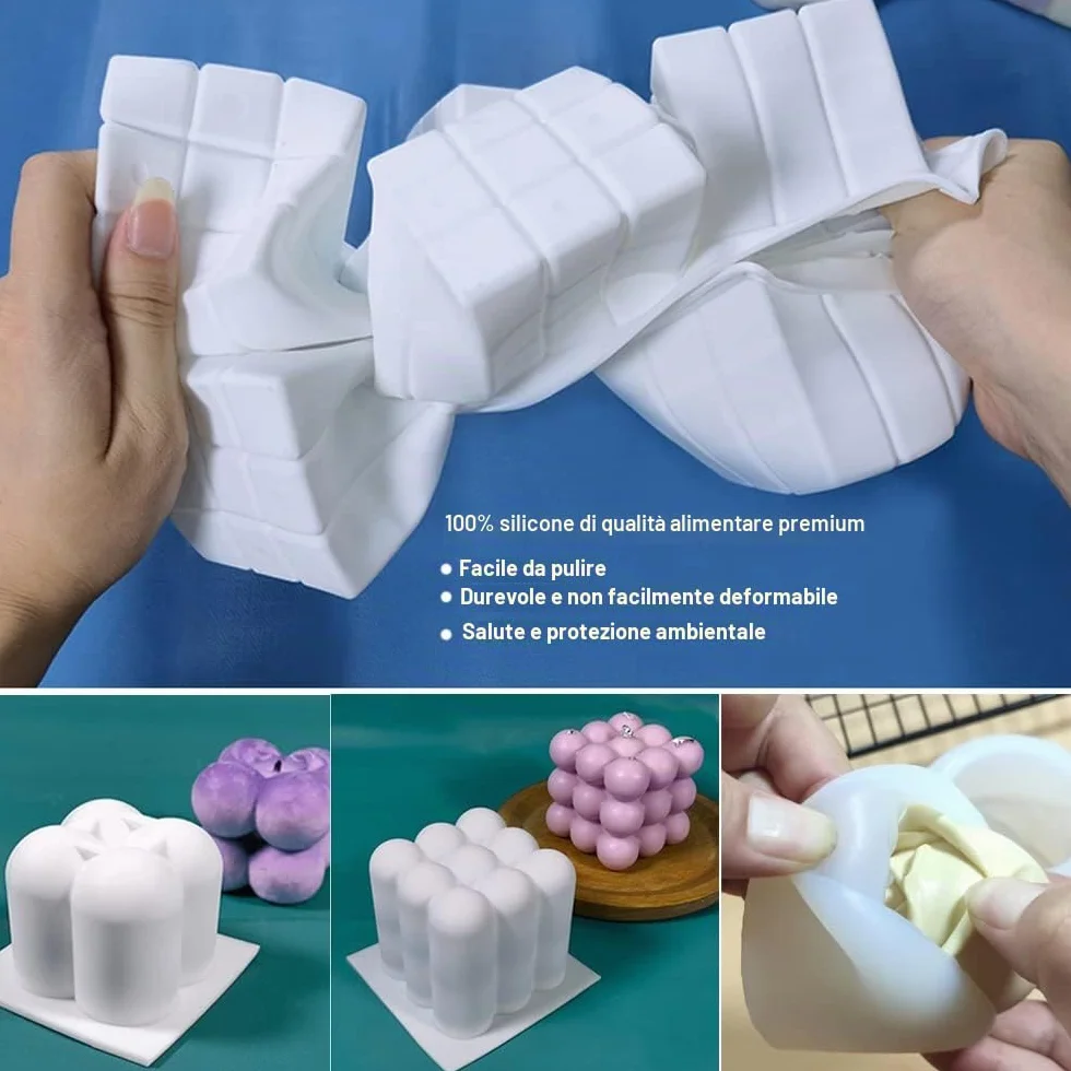 Set di 6 Stampi, per Candele Cubo a Bolle 3D, in Silicone Rosa con 100 Stoppini e Porta Stoppino, per candele profumate fai da te, sapone