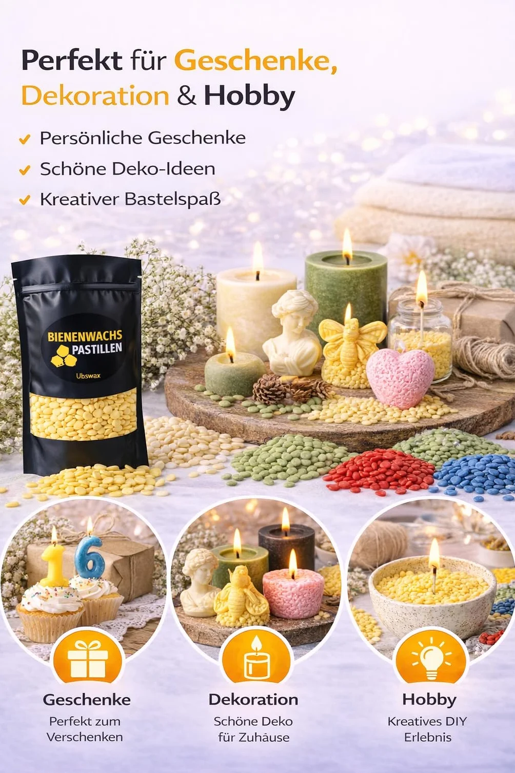 Pastiglie di Cera d'api per Fai da Te – Profumo Naturale di Cera d'api, Versatile per Candele, Cosmetici e Sabbia per Candele (Nero, 1000g)