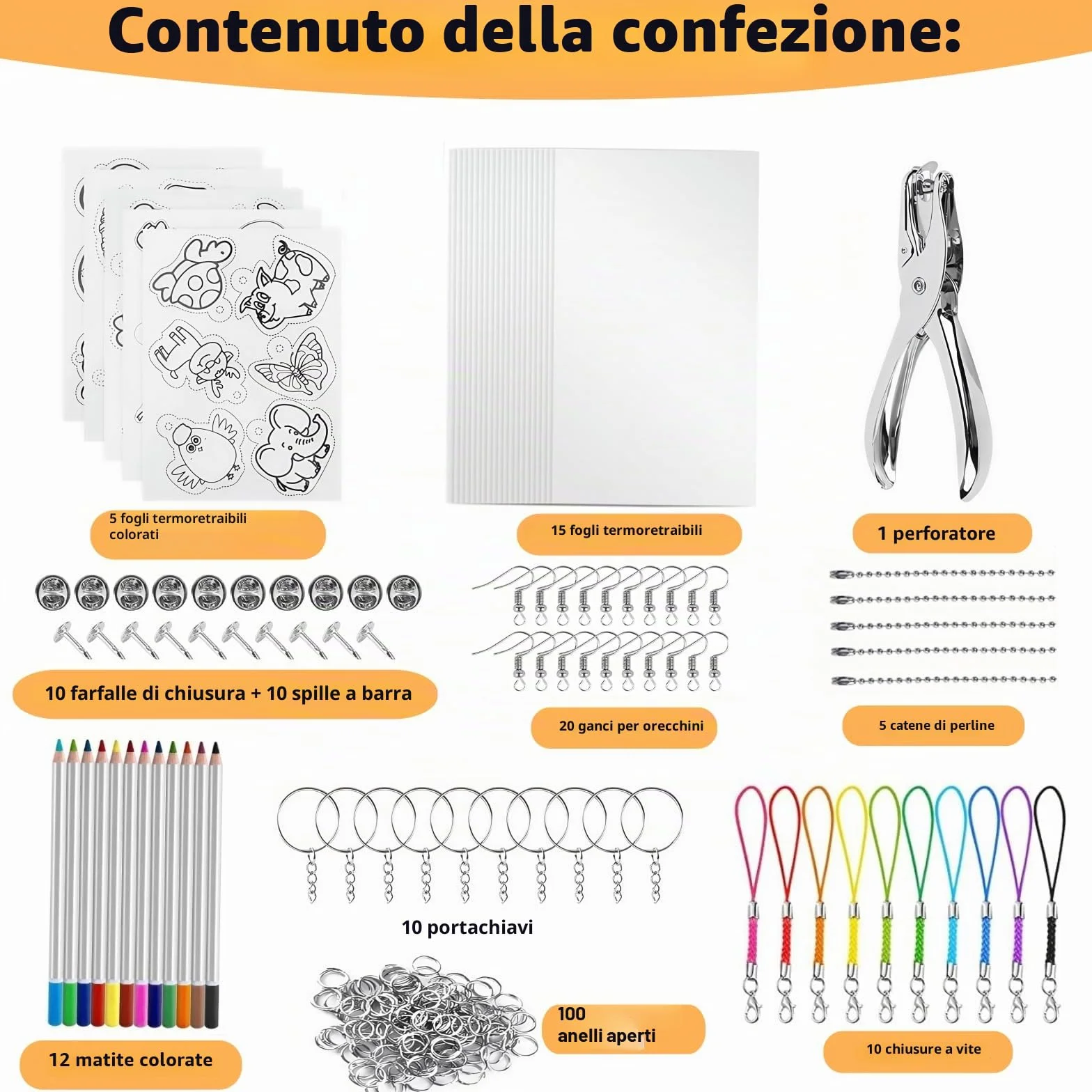 198 Pezzi Plastica Termoretraibile Kit, Shrink Plastic Kit con Perforatore, Matite, Portachiavi, Spille, Ganci Orecchini, Foglio Termoretraibile Fogli Plastica Retrattile, Shrinky Dink Paper per DIY