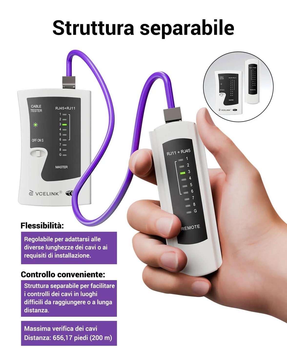 VCELINK Tester Cavi di Rete RJ45 Professionale POE, Test Ethernet per RJ45/RJ11/RJ12, Grigio