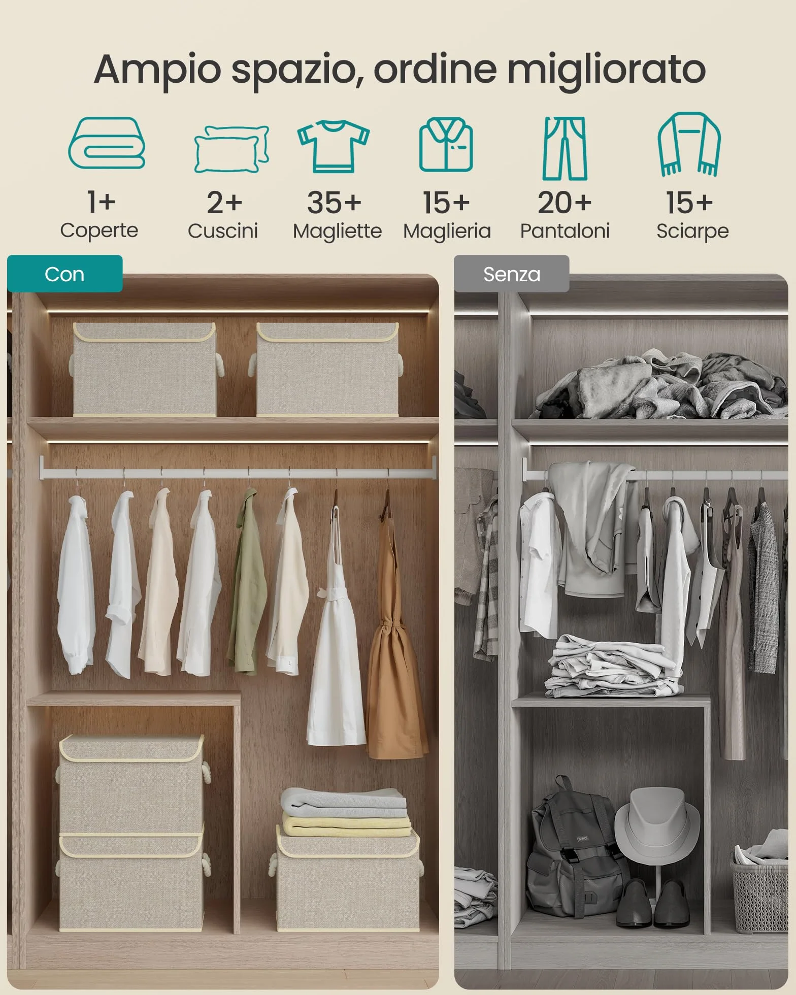 SONGMICS Scatole Portaoggetti con Coperchio, Set di 3, Contenitori Pieghevoli, 38x25x25 cm, Beige Sabbia