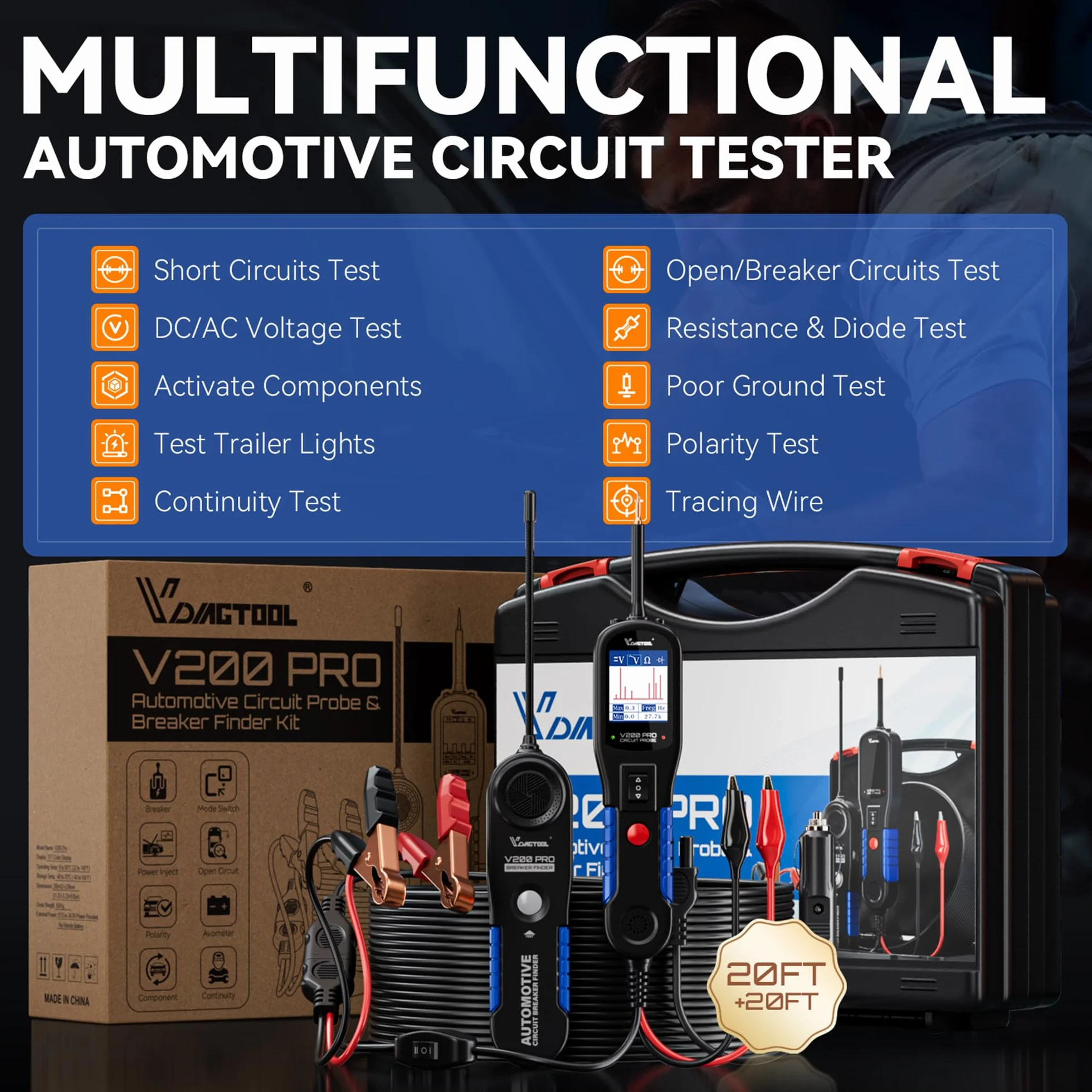 VDIAGTOOL V200 Pro Tester Sonda Circuiti Elettrici Auto, Rilevatore di Cavi Circuito Aperto Corto Circuito AC DC 12V 24V, Cerca Filo Interrotti Auto Elettrici, Relè Fusibili Trailer Componenti Tester
