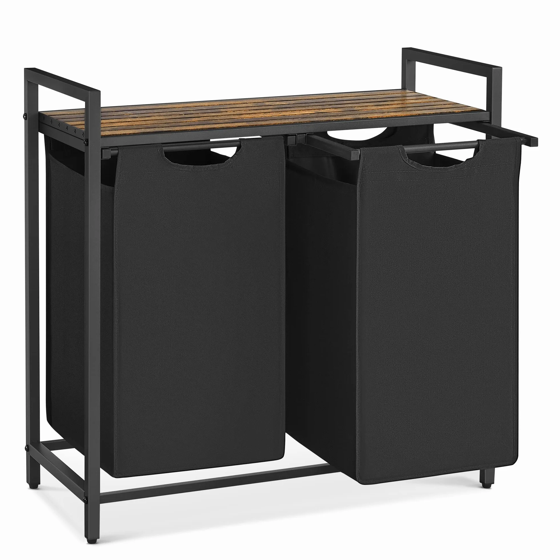 VASAGLE Cesto Portabiancheria, Porta Biancheria, 2 Sacchi in Tessuto Rimovibili, Piano d’Appoggio, Metallo, 2 x 46 L, 73 x 33 x 72 cm, Nero Inchiostro e Marrone Vintage BLH201B01