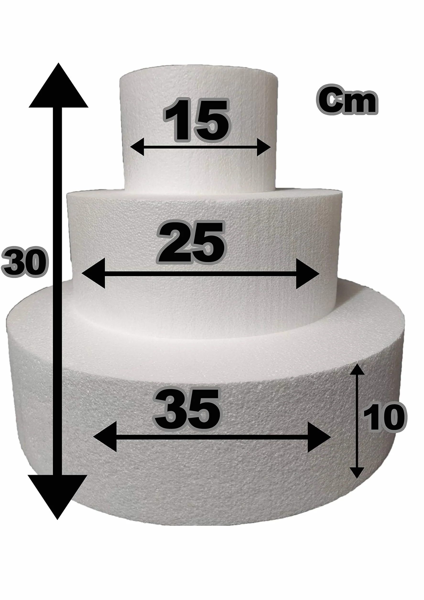 Set 3 Piani Polistirolo, Disco Polistirolo Rotondo Ø 15-25-35 H 10 cm per Torte finte Compleanno, Battesimo, Nascita, Comunioni, Feste in Genere