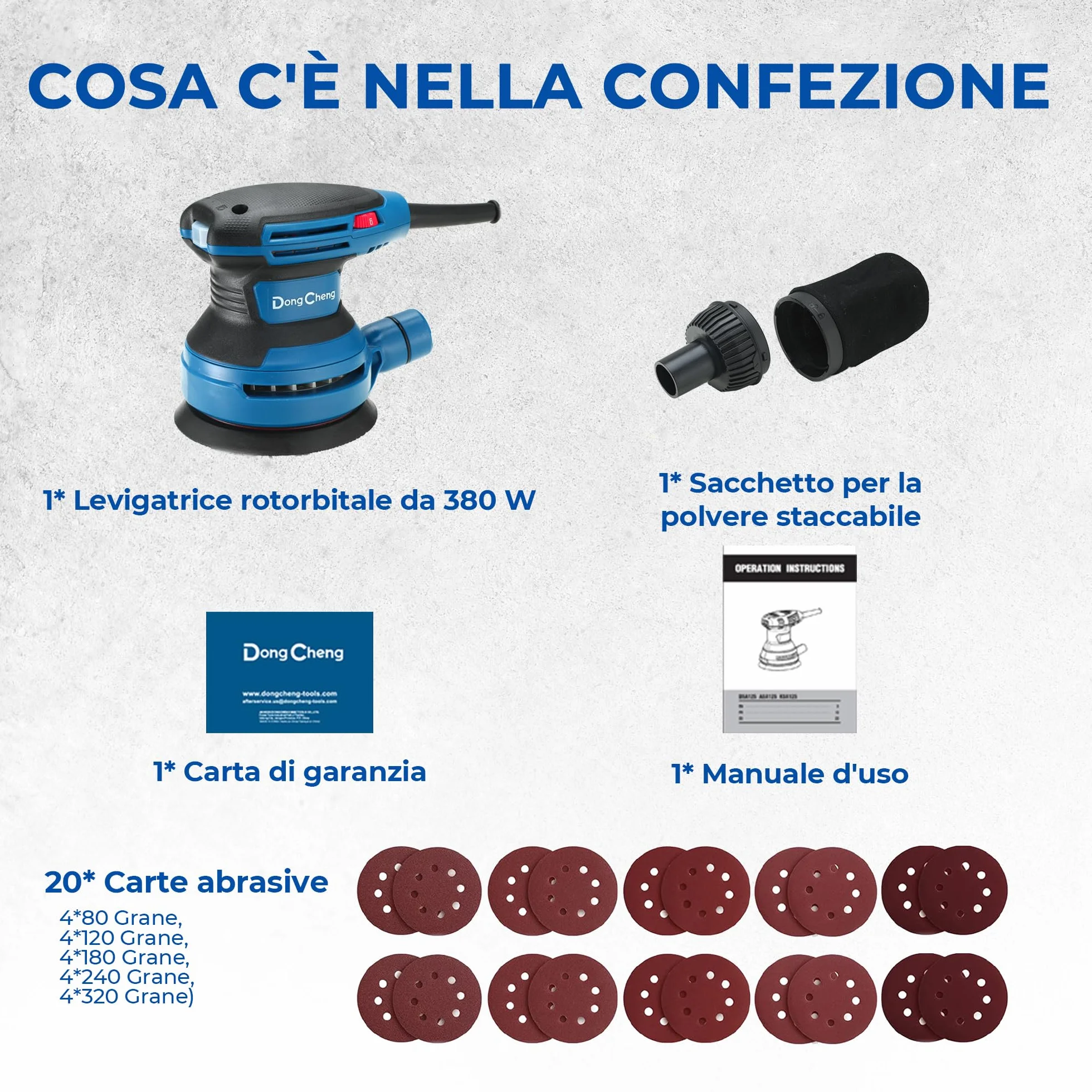Dong Cheng Levigatrice eccentrica 380 W 125 mm 6 vel. 8000-12800 giri/min con depolveratore 20 dischi abrasivi
