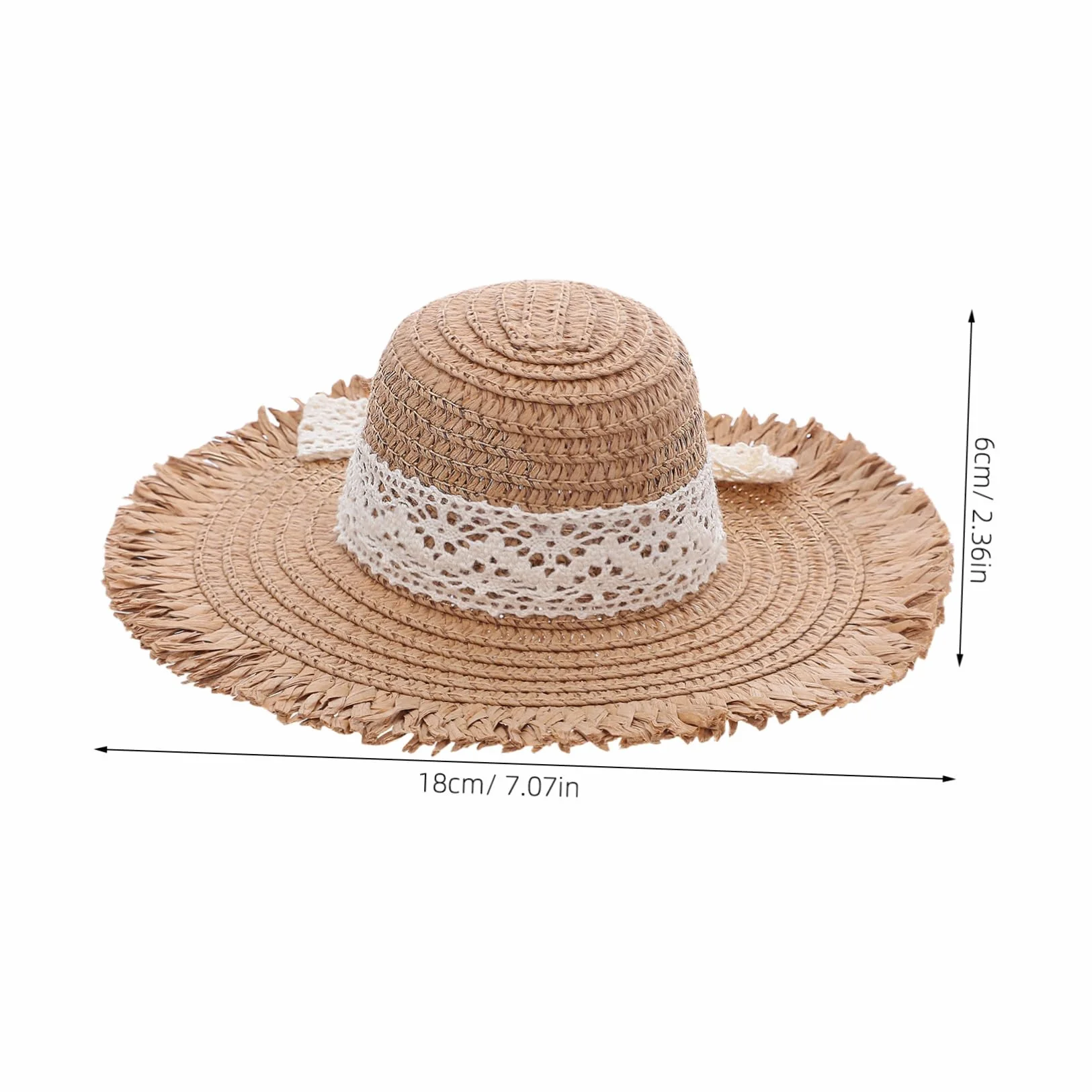 Cappello di Paglia Intrecciata per Bambola con Cinturino in Pizzo