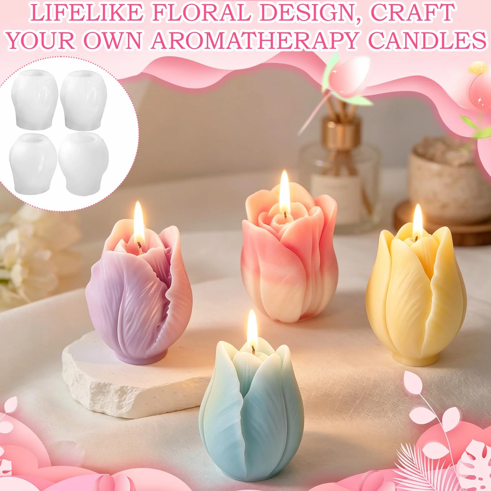 4 Pezzi 3D in Stampi Cera Tulipano, Stampo Tulipano per Candele, Stampi in Silicone a Forma di tulipano, per Realizzare Candele e Sapone, Regalo di Festa, Decorazioni per la Casa