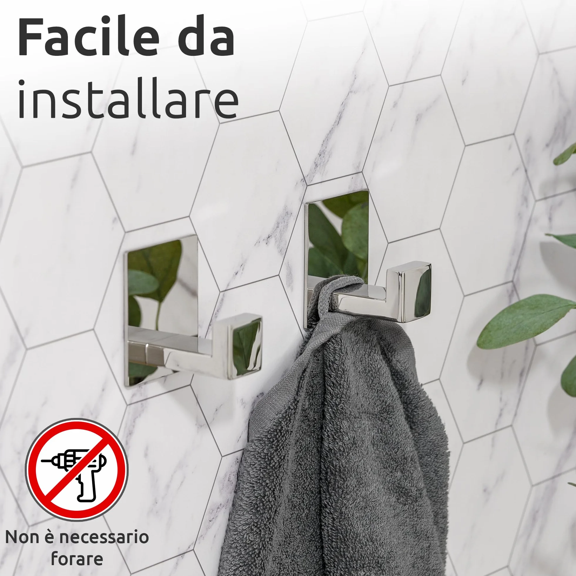 ECENCE Ganci Adesivi 2x, Appendi asciugamani cromo portasciugamani in Acciaio Inox, Gancio autoadesivo