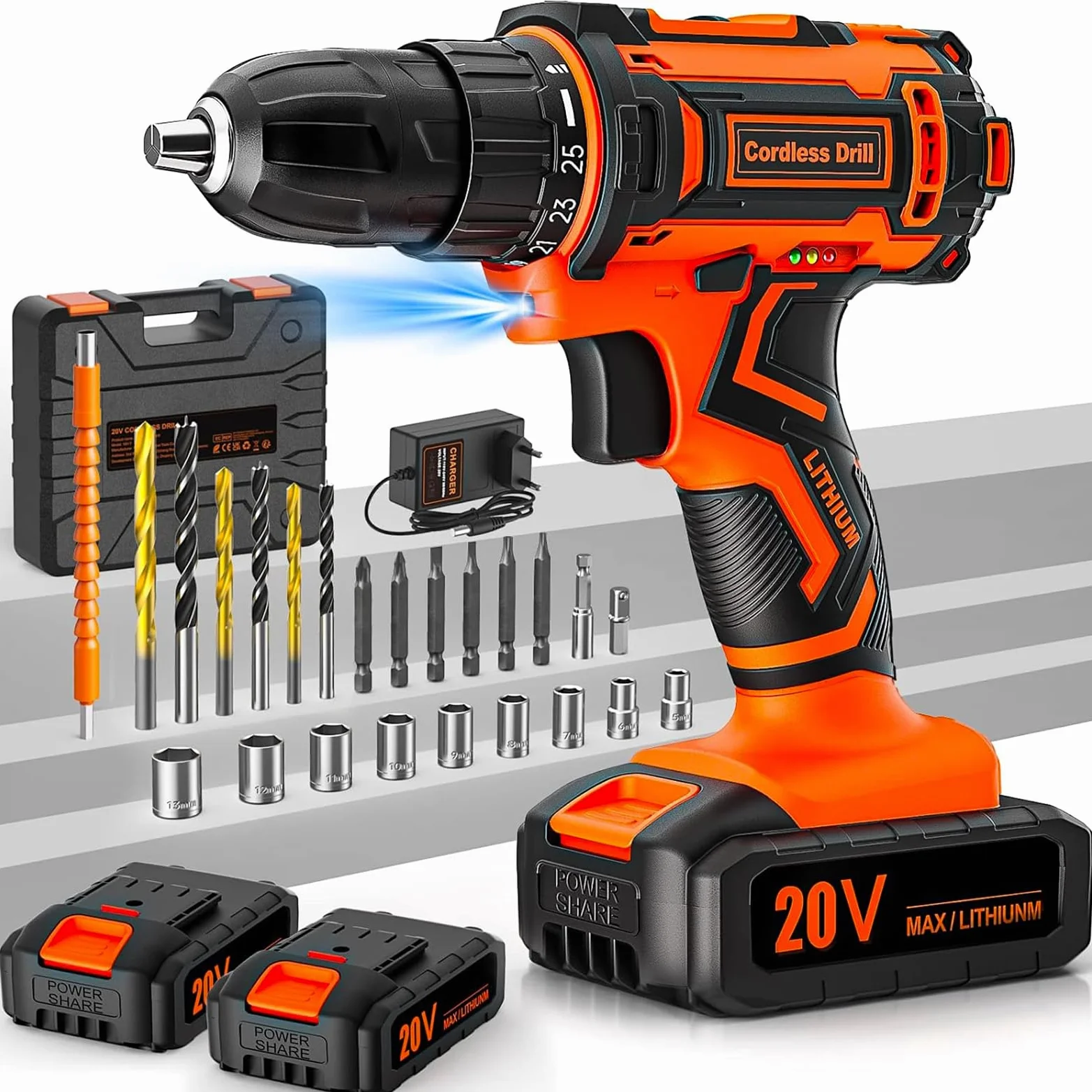 Trapano Avvitatore a Batteria 20V, 2 Batterie 2.0Ah, Max 42Nm, 25+1 Impostazione Coppia, LED Luce, 2 Velocità, 24 Accessori, 10mm Mandrino Autoserrante, per Riparazione, Fai da te