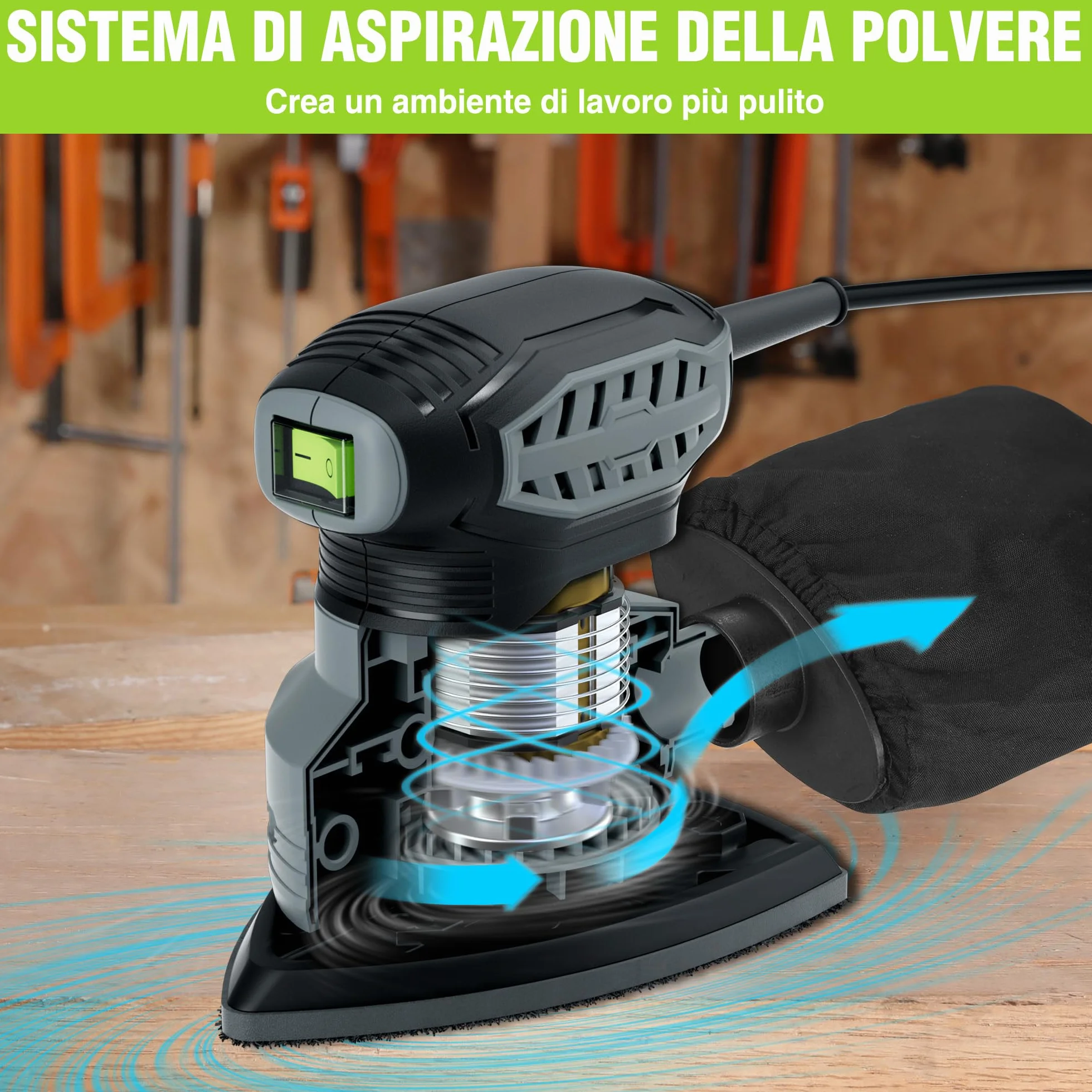 WORKPRO Levigatrice Delta 130W 13.000 giri/min con aspirazione polvere 20 fogli abrasivi