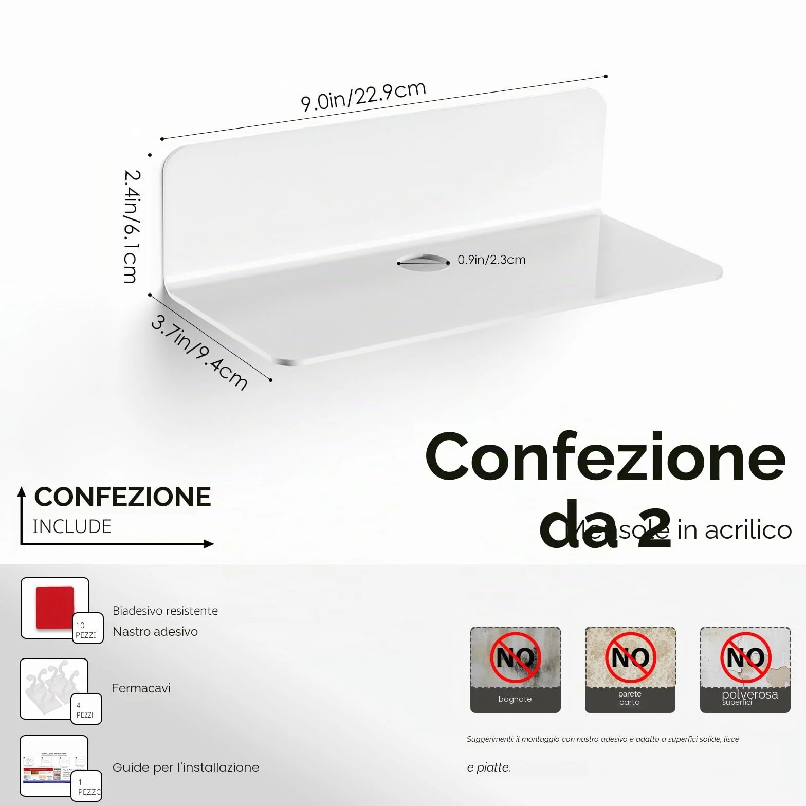OAPRIRE Mensole da Muro Bianche in Acrilico 2 Pezzi - Espandi Facilmente Lo Spazio Della Parete - 23cm Mensola Adesiva da Muro per Cameretta, Bagno, Cucina, Salotto, Con Fermacavi