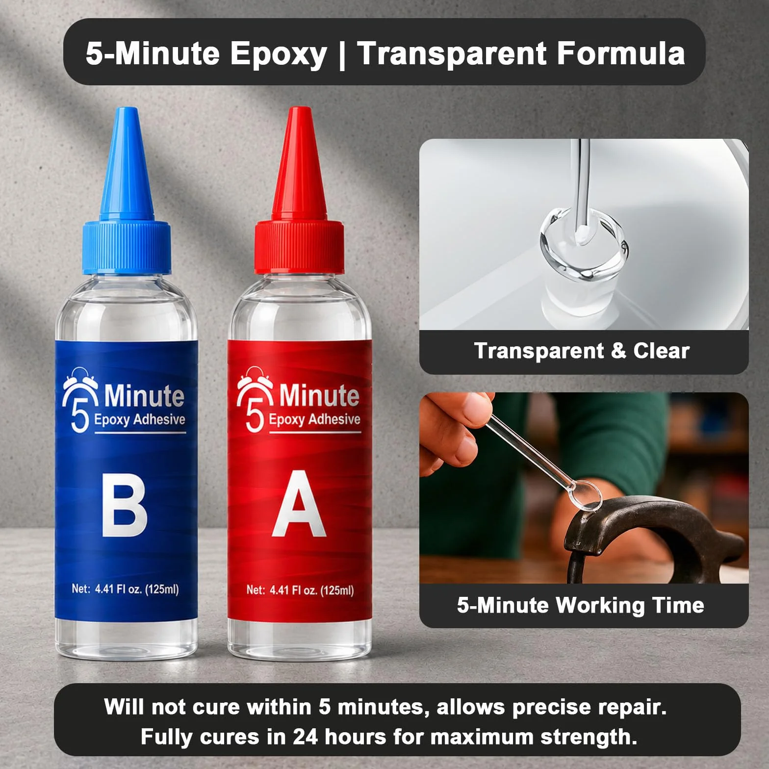 Colla Epossidica Bicomponente, 250 ml Mix 5 Minuti, Trasparente, Adesivo Multiuso Multimateriale, Colla Bicomponente per Plastica, Ceramica, Porcellana, Vetro, Legno