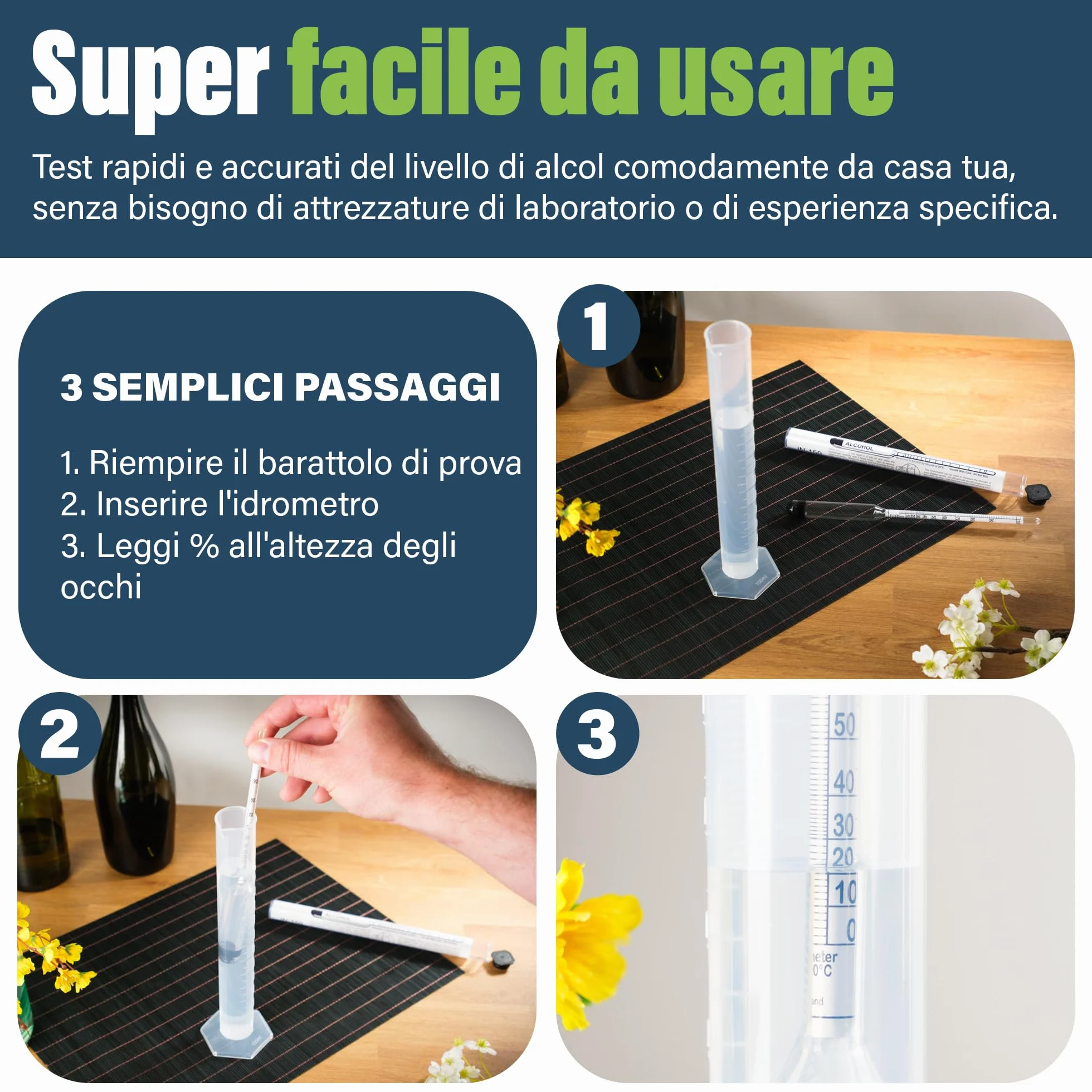 Alcolimetro 0-100% per distillati con idrometro 23 cm e provetta 100 ml