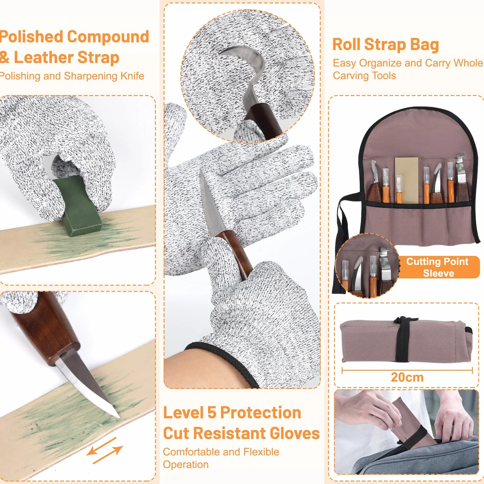 DBREAKS Kit Intaglio Legno 24 PCS, Sgorbie per Legno, Strumenti per Lavorare il Legno, Coltello Intaglio Legno per Principianti e Professionisti, con Guanti Resistenti al Taglio