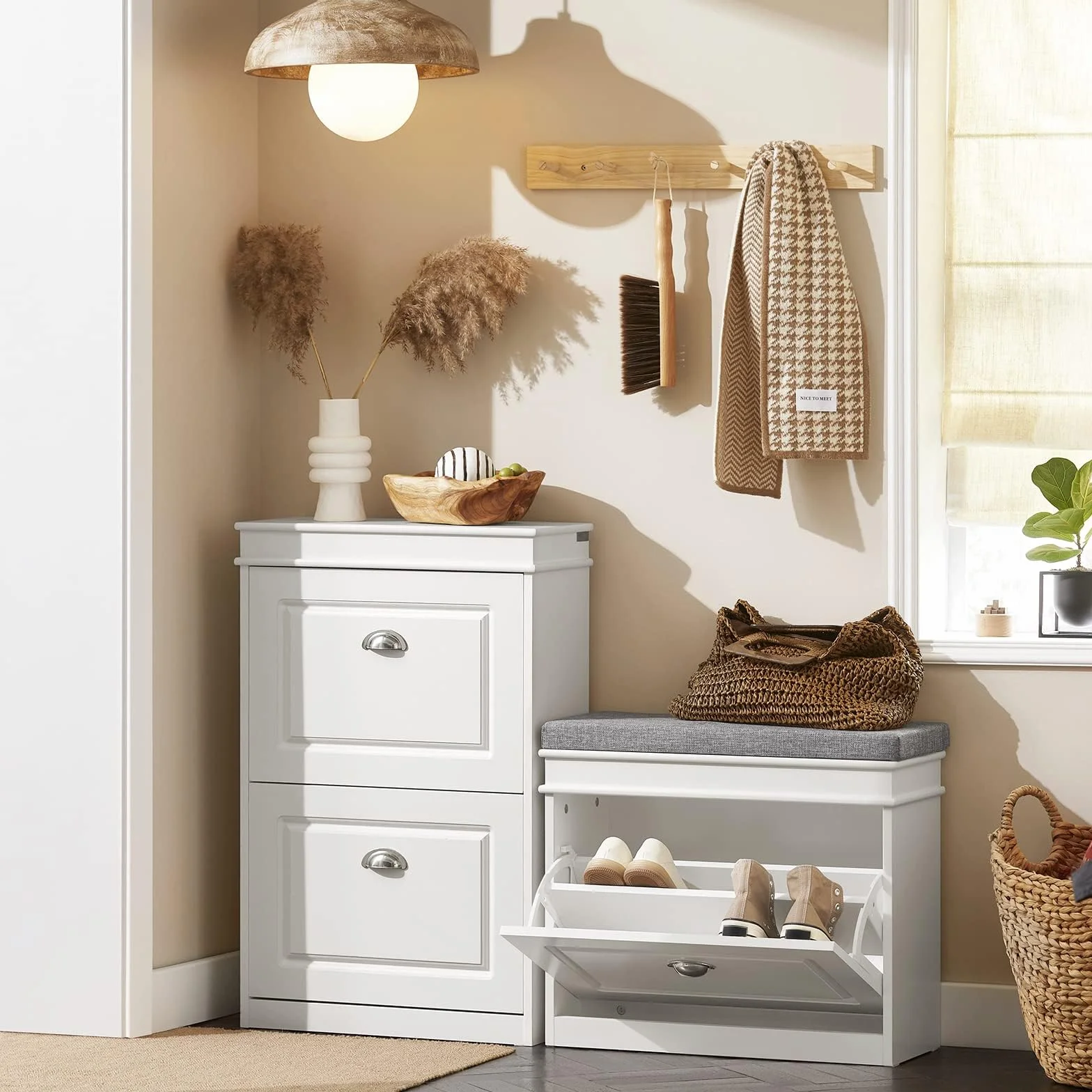 SoBuy Scarpiera Salvaspazio Slim con Seduta - Panca Scarpiera da Ingresso Contenitore in Legno, Mobile Ingresso per Scarpe, Regolabile, 60x24x51 cm, Bianco, FSR82-K-W