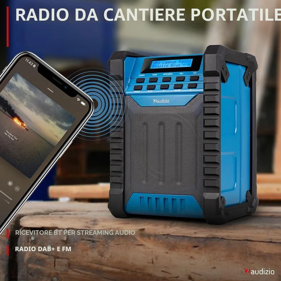 Audizio Temi Radio da Cantiere Dab+ con Batteria - IP54, Bluetooth 5.0, Autonomia 8H, FM, 40 Stazioni Memorizzabili, Ingresso AUX, Ideale per Ascoltare le Tue Stazioni Preferite Durante i Tuoi Lavori