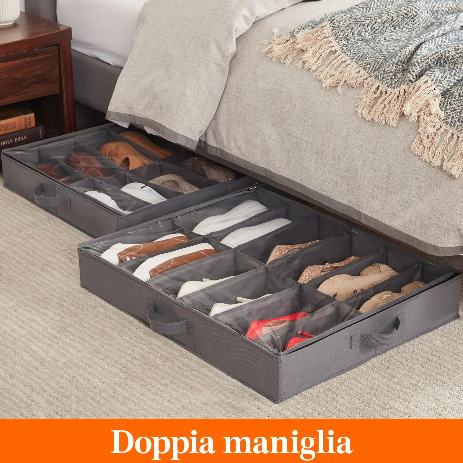 Lifewit Scatole per Scarpe con Finestra Trasparente, Contenitori Portaoggetti Pieghevole Sottoletto per Scarpe, Organizer per Scarpe con Manici Salvaspazio, Grigio, 2 x 12 Paia