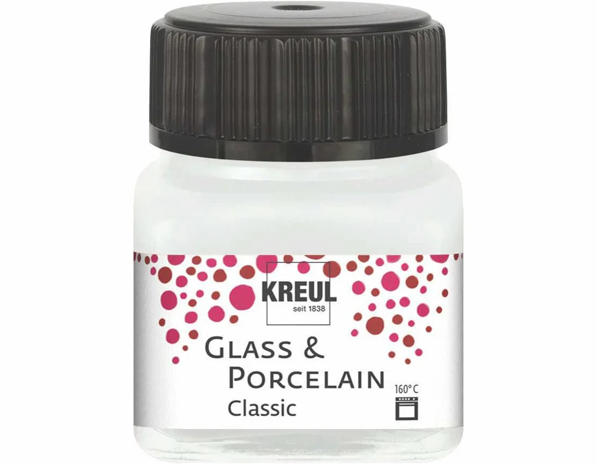 KREUL 16200 - Vetro & Porcellana Classico Bianco Crema, in Barattolo da 20 ml, Vernice Brillante a Base d'Acqua per Vetro e Porcellana, a Rapida Essiccazione, Coprente