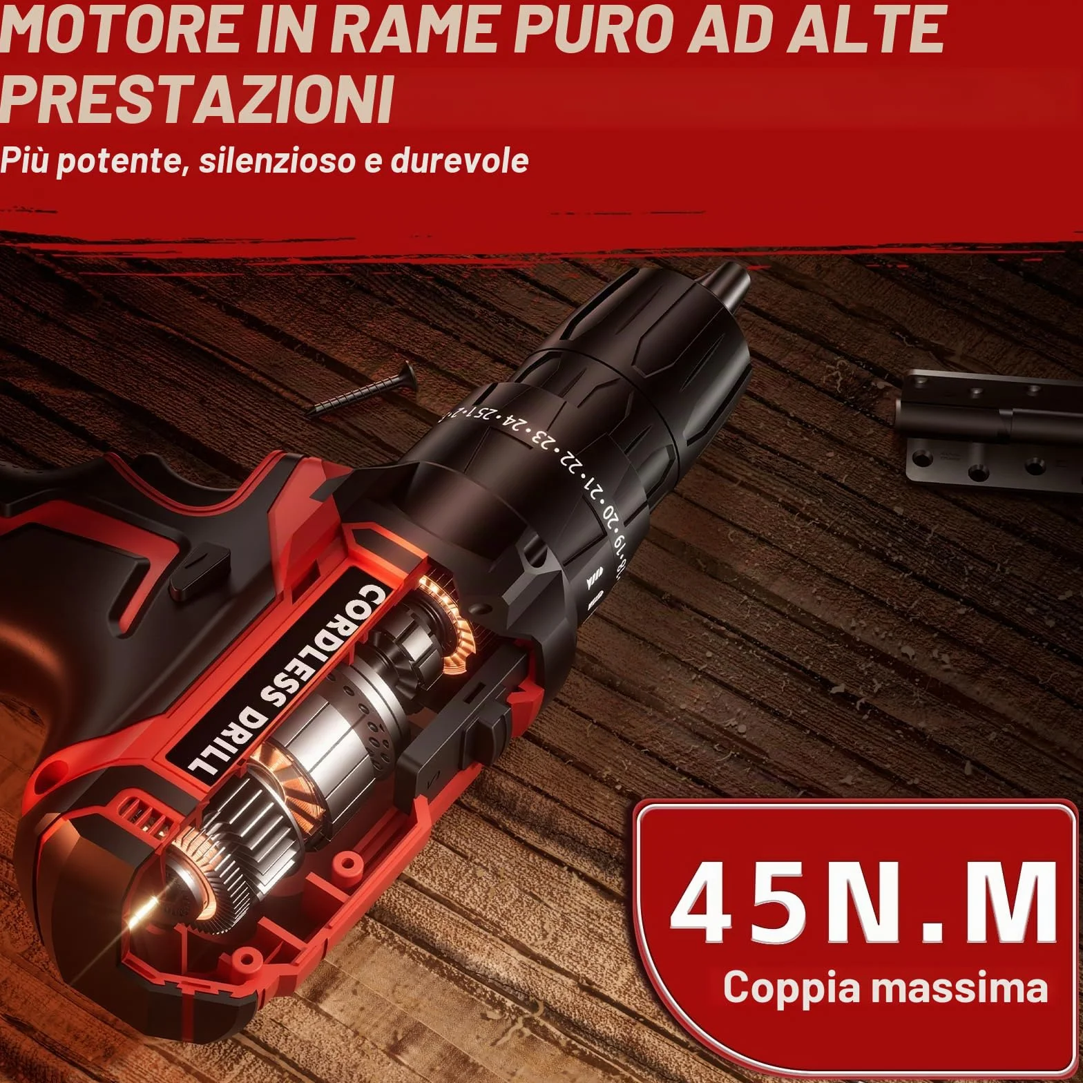 Trapano Avvitatore Batteria 21V, con Batterie 2×2000mAh, coppia 45 Nm, max 25 + 3 livelli di coppia (2 marce e LED), per casa e giardino fai da te, (2 Batteria)