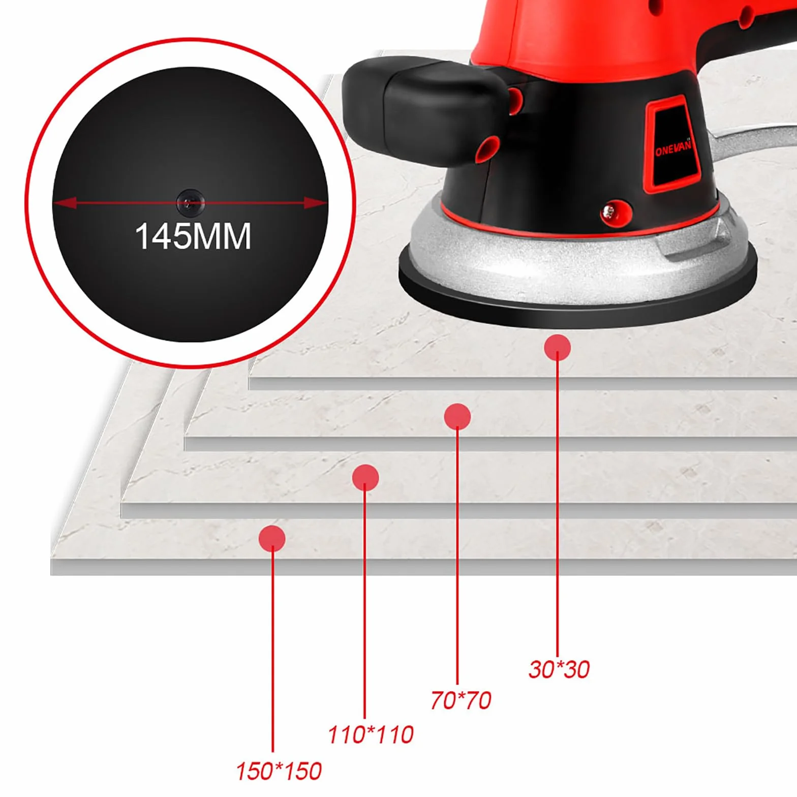 ONEVAN vibratore per piastrelle 200 kg, vibratore elettrico per piastrelle, 145 mm ventosa vibrante per piastrelle a 6 velocità con 2 batterie da 1.5Ah, macchina vibrante per piastrelle 150 x 150 cm