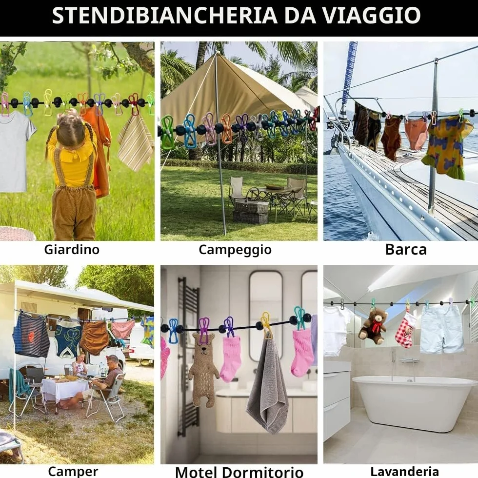 Stendibiancheria campeggio,Corda per biancheria antiscivolo, da viaggio, portatile, con 12 mollette, accessori da campeggio, vacanze e dormitorio