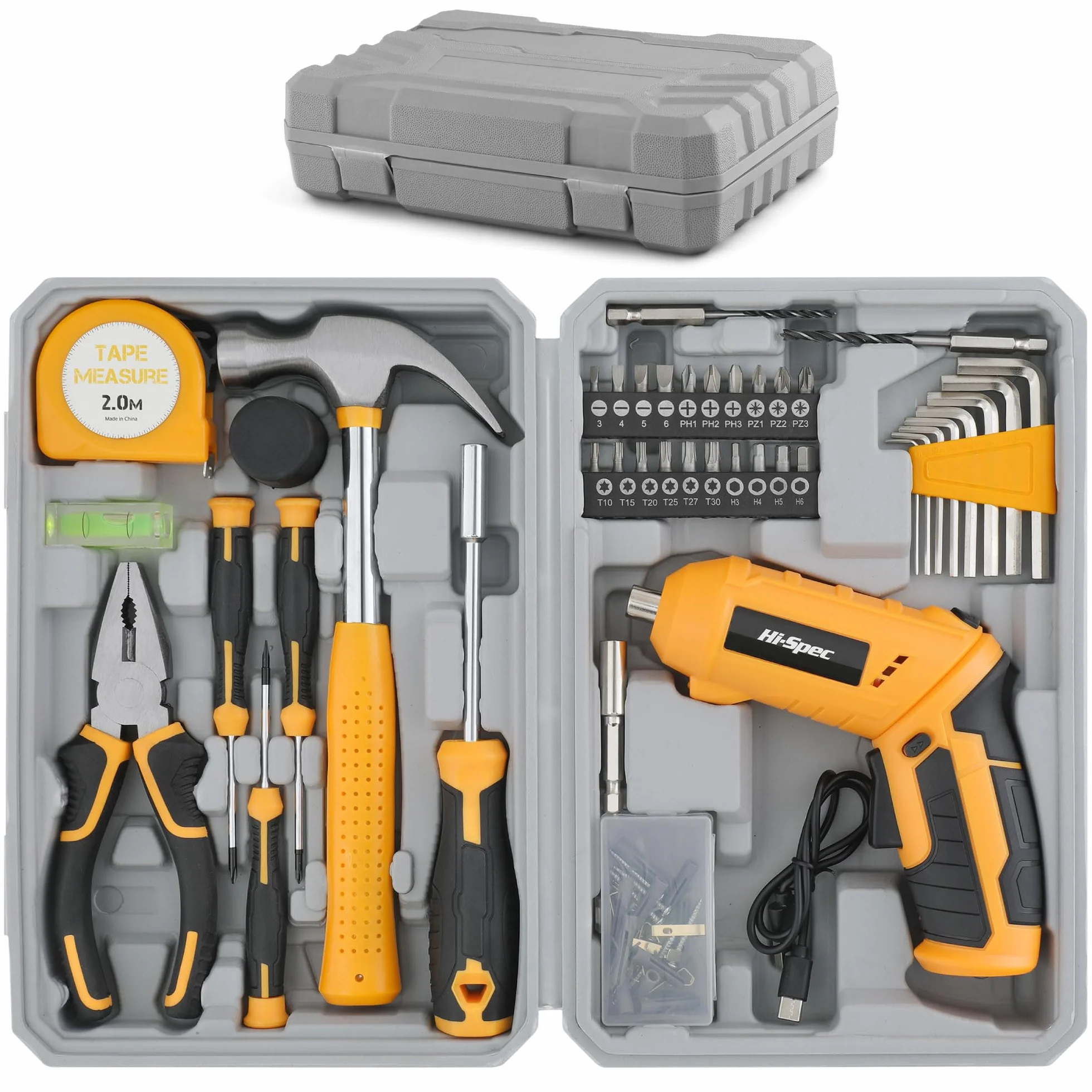 Hi-Spec Set da 42 pz con Avvitatore Elettrico USB 4V & Attrezzi per la Casa. Cacciavite Senza Fili e Utensili Manuali in Valigetta Compatta