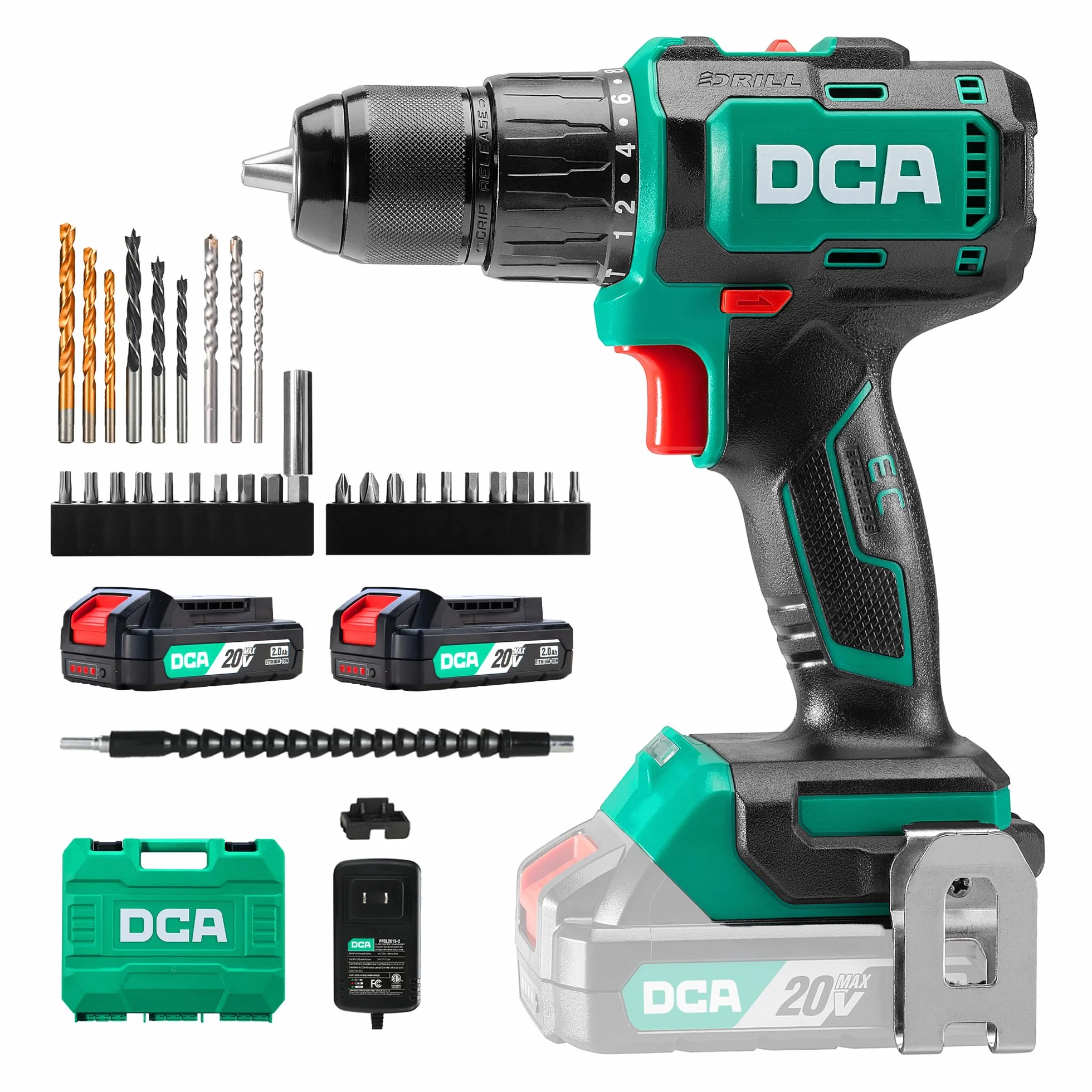 DCA Trapano a Percussione 20V Brushless, 55Nm, Mandrino in Metallo da 13mm, 18+1+1 Impostazioni di Coppia (0–450/1800RPM), Design Compatto con Batteria 2.0Ah*2 e Caricatore，ADJZ2055i