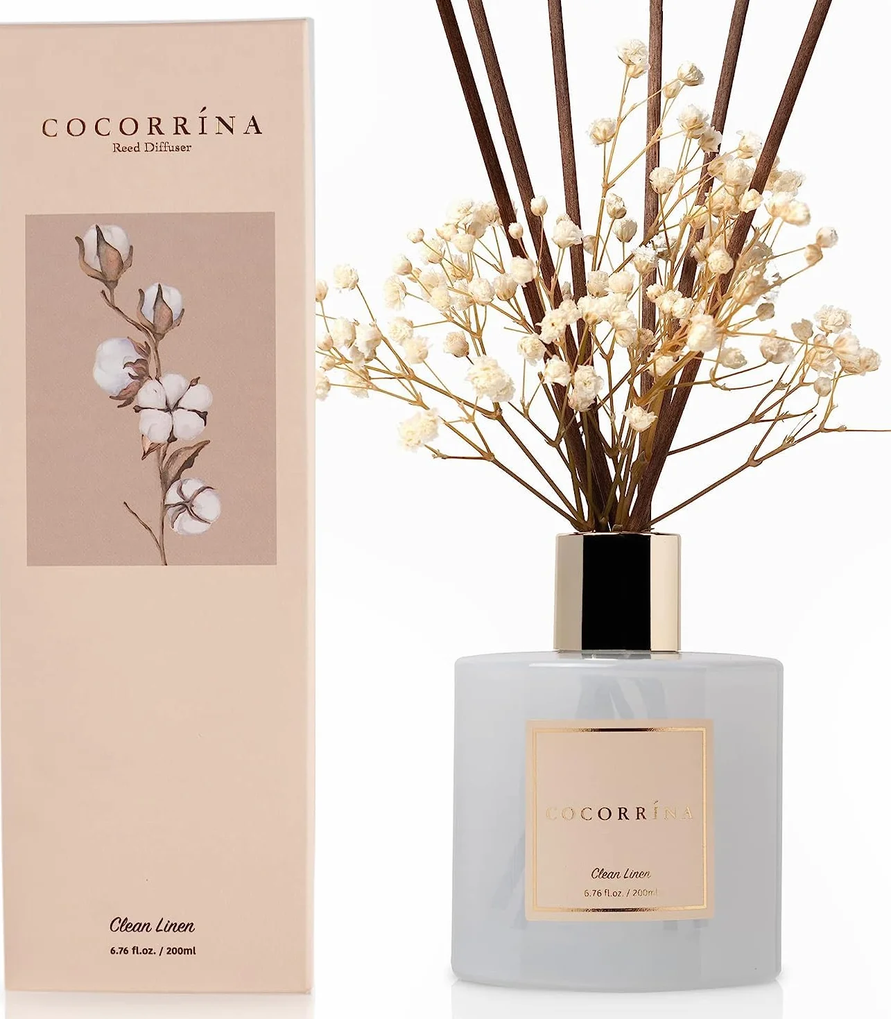 COCORRÍNA Diffusore Profumo Ambiente - 200ml Diffusore profumato di Lino Pulito con Bastoncini Diffusore di Olio Essenziale di fragranza per la casa per la Decorazione della mensola del Bagno