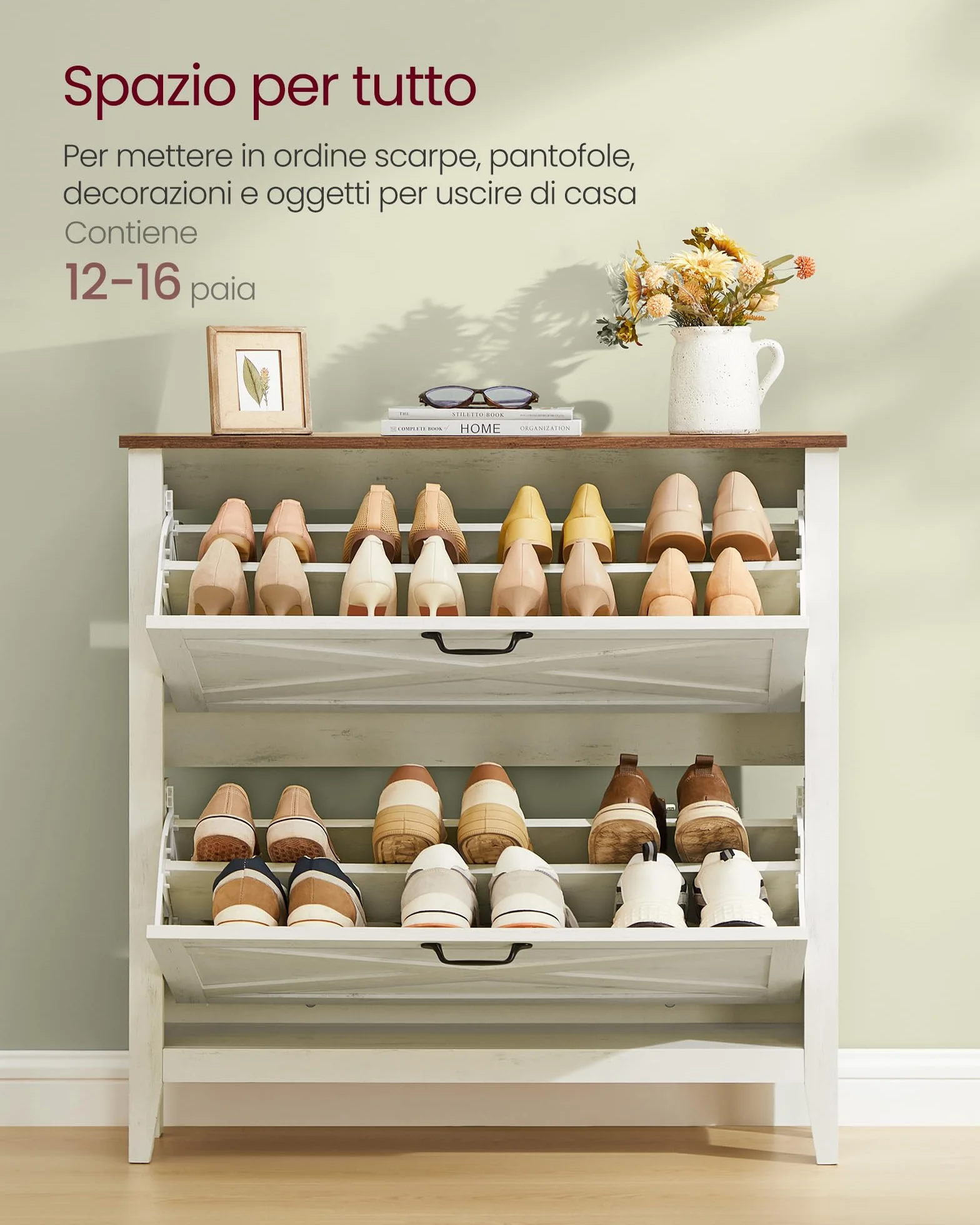 VASAGLE LIRY Collezione - Scarpiera con 2 Scomparti a Ribalta, Scarpiera Ingresso Slim, Stile Farmhouse, per 12-16 Paia di Scarpe, Bianco Vintage HSC201W01