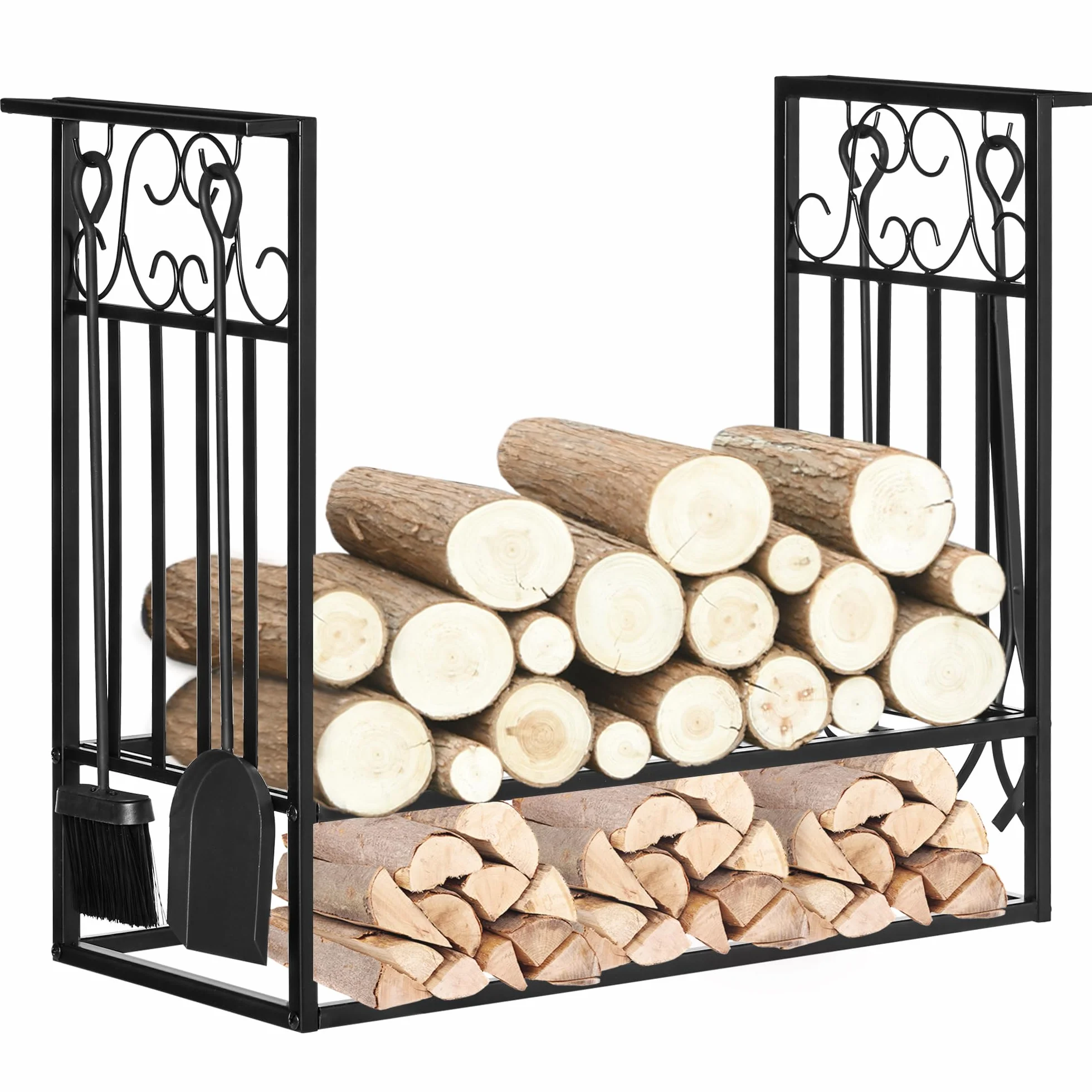 HOMCOM Portalegna Rialzato per Camino in Acciaio Antiruggine, Porta Legna da Interni ed Esterni, 4 Attrezzi Inclusi, 75x30x60cm