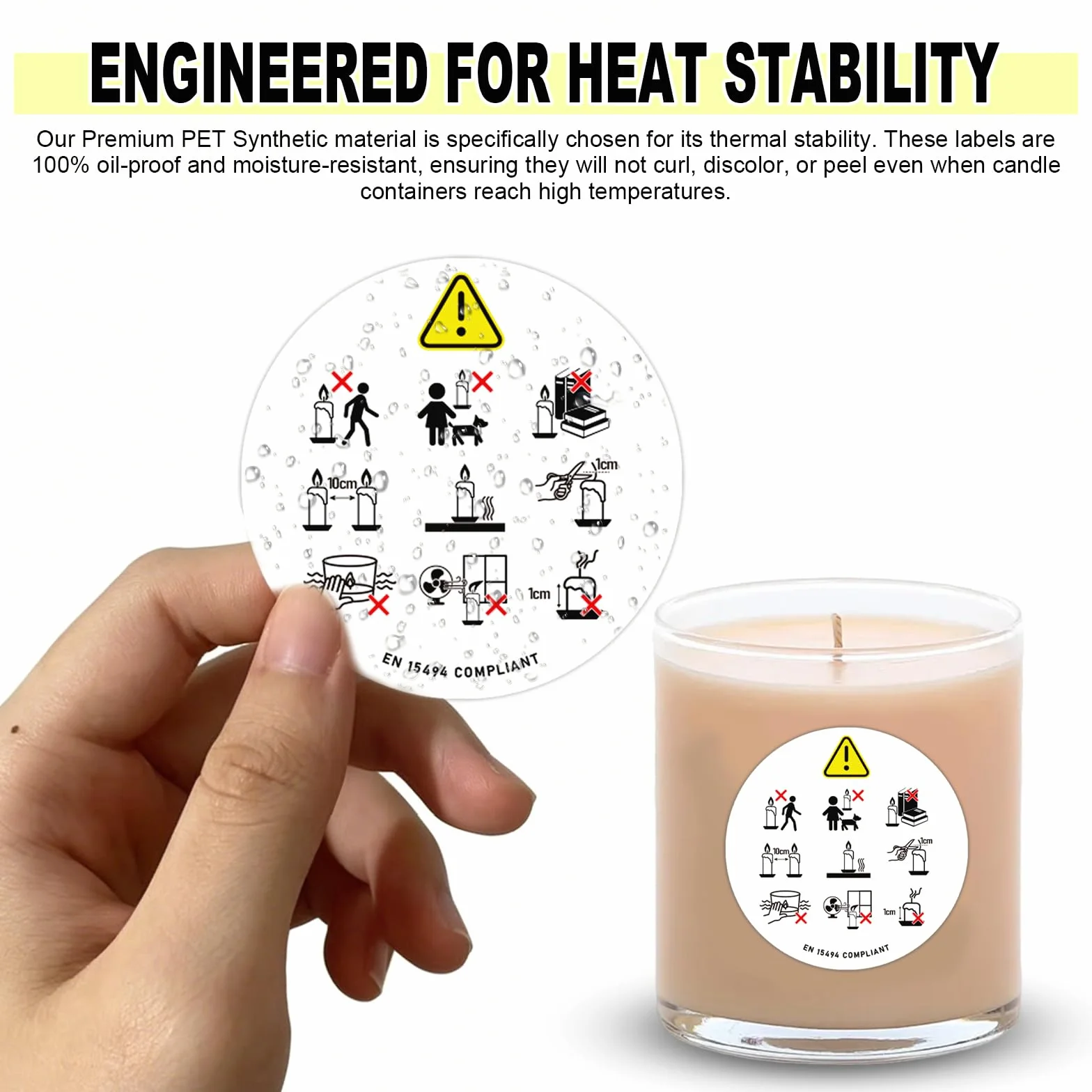 300 Pezzi Adesivi di Avvertenza per Candele (38mm) | Icone di Sicurezza Standardizzate EN 15494 | Etichette Professionali non Verbali per Produttori di Candele | PET Resistente al Calore