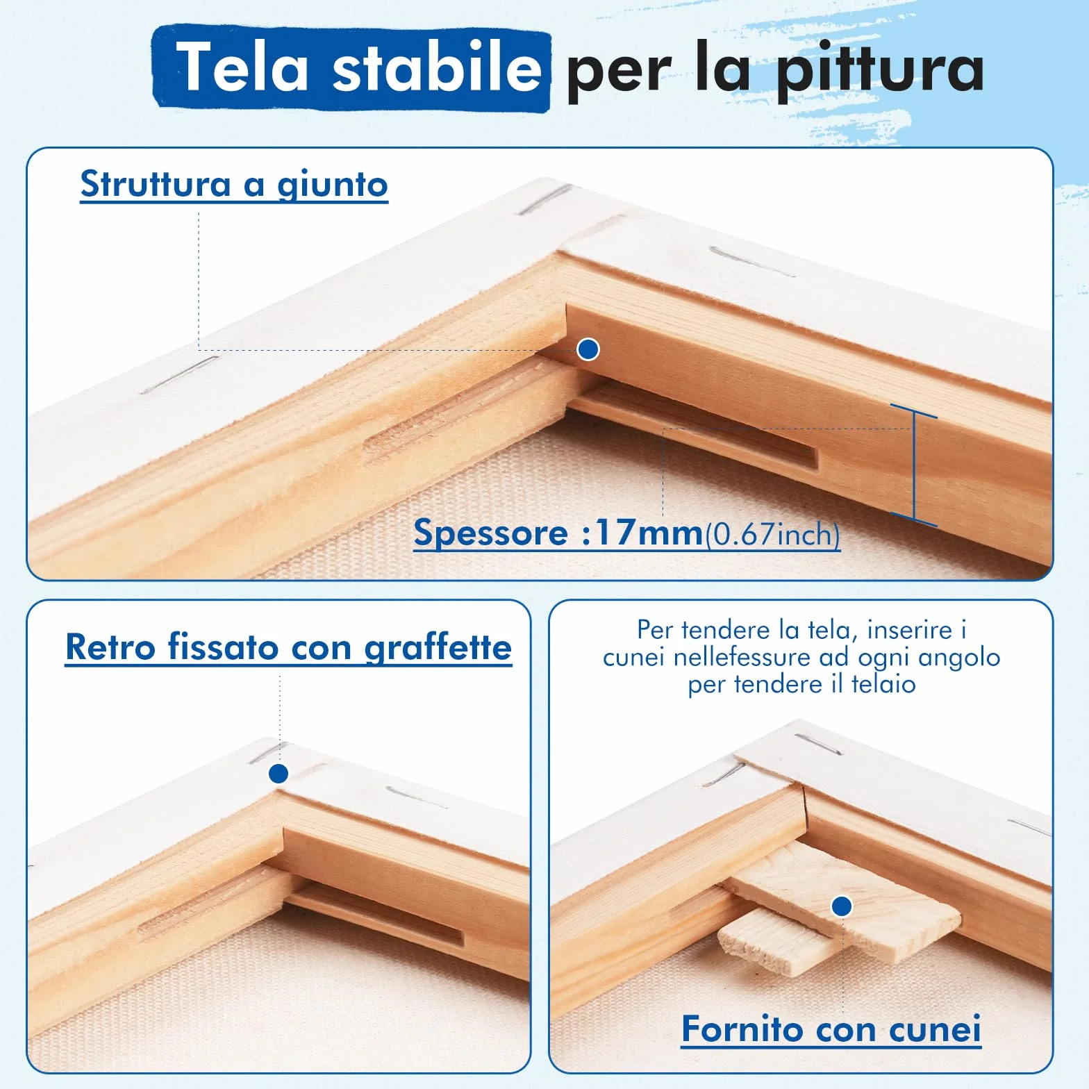 Tela da Dipingere 50 x 70 cm - Set di 3 Tele Bianche per Artisti, 100% Cotone, 280 g/m², Legno Certificato FSC, Spessore 1.7 cm, Tela Bianca per Pittura, Telo per Colori Acrilici, ad Olio, Tempere