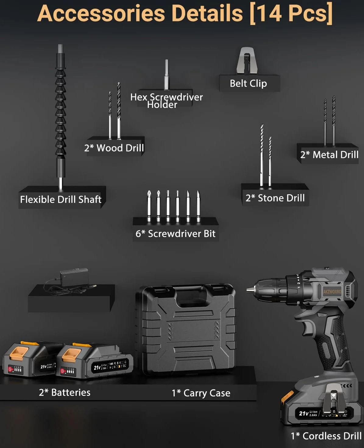 Trapano Avvitatore Batteria 21V, Brushless Avvitatore a Batteria con 2 Batterie da 2.0Ah, 45N.m di Coppia, 2 Velocità, 20+1 Coppia, 14 Accessori, Luce a LED, Per il fai da te, Grigio
