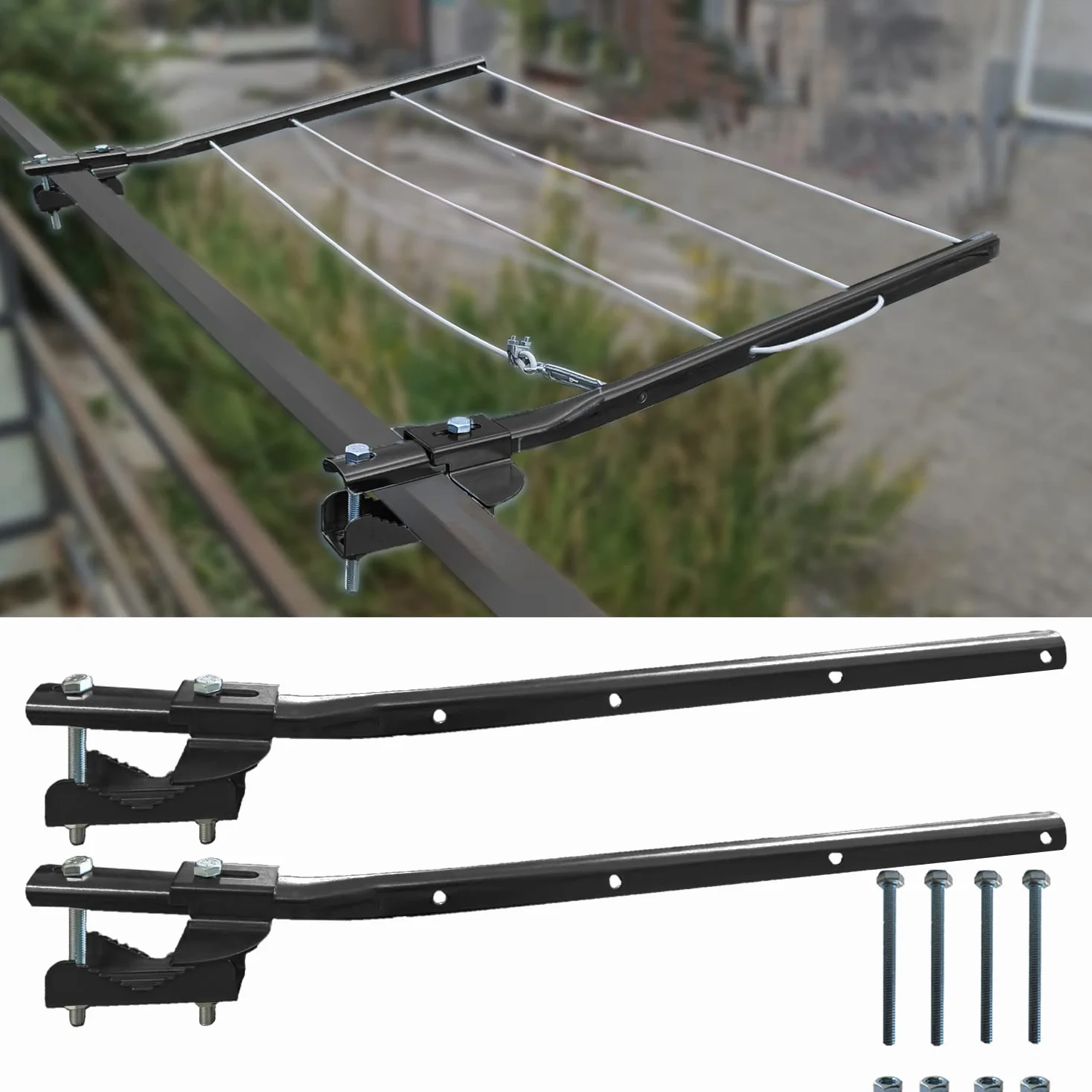 parpyon® Bracci Stendibiancheria da balcone esterno, Stendibiancheria da parete o ringhiera in ferro per filo per stendere il bucato prodotto 100% Italiano (Fisso c/piastra, Grigio scuro)