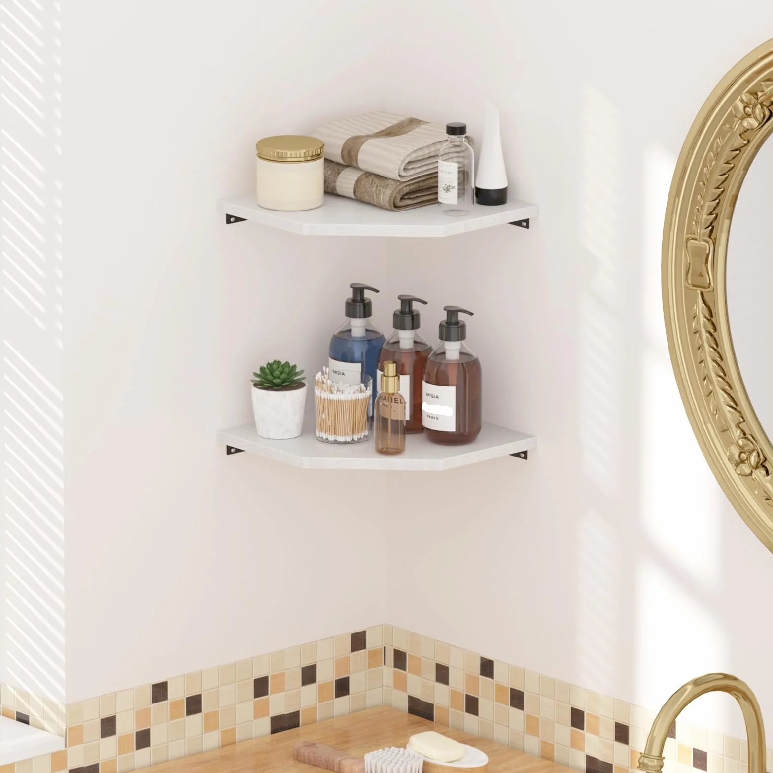 JJL Set di 2 Mensole Angolari da 30 cm, da Parete, con Foro per Filo, 33,7 cm di Profondità, Mensole da Parete per Decorazione Angolo Parete del Soggiorno, Bianco