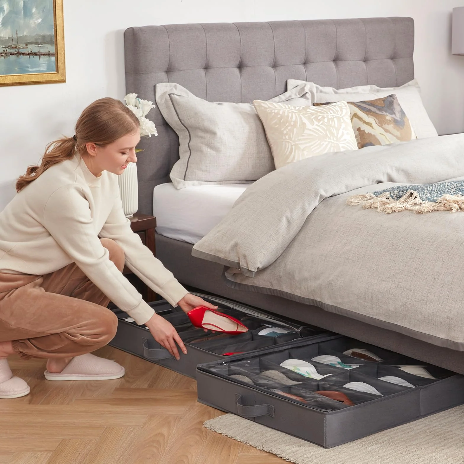 Lifewit Scatole per Scarpe con Finestra Trasparente, Contenitori Portaoggetti Pieghevole Sottoletto per Scarpe, Organizer per Scarpe con Manici Salvaspazio, Grigio, 2 x 12 Paia
