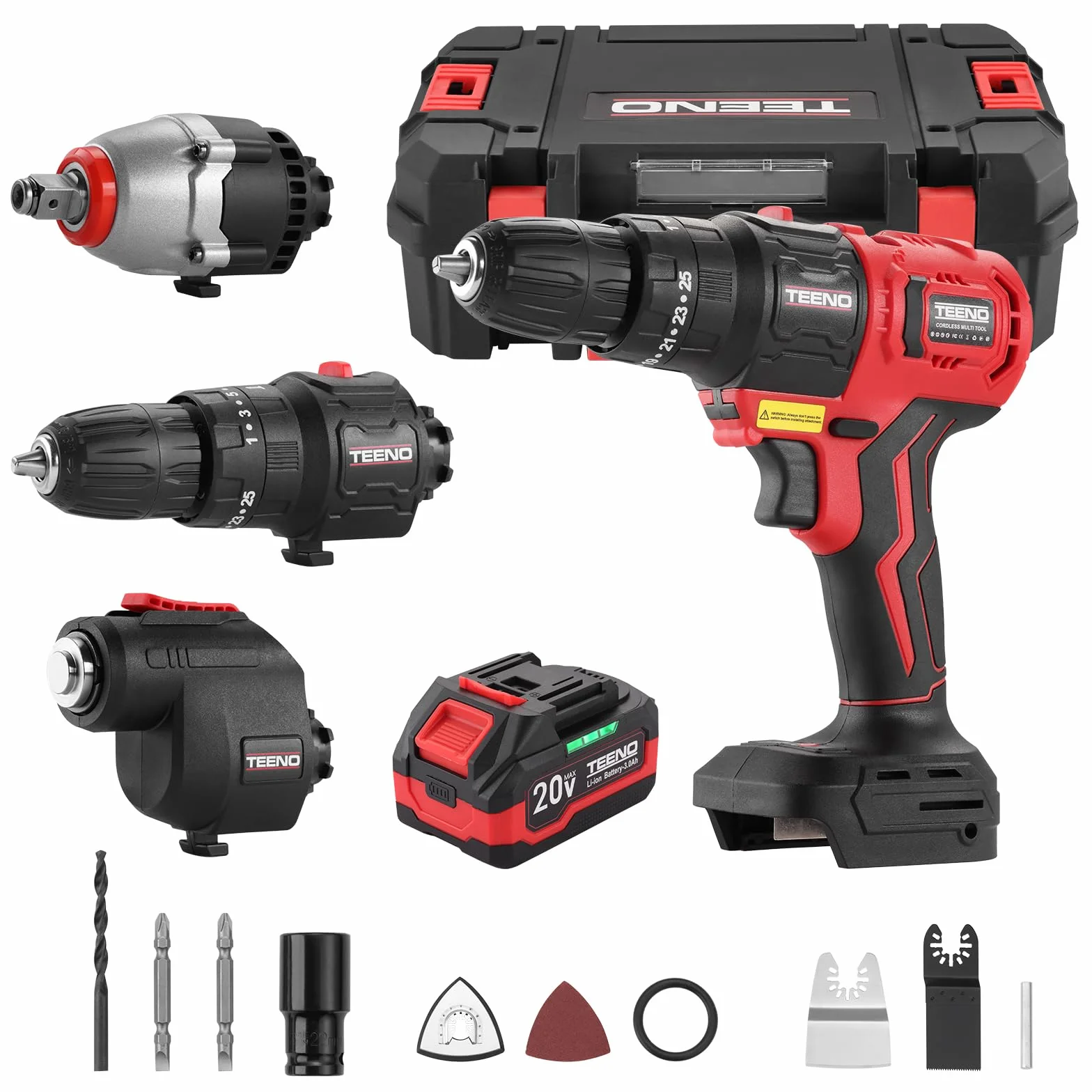 Kit Combinato Wireless 20V TEENO, Strumento Multifunzionale Wireless 3 in 1 Con Cassetta Degli Attrezzi,Trapano,Chiave a Impulsi,Utensile Oscillante,1 Batteria 3,0 Ah, Con Accessori (3 IN 1)