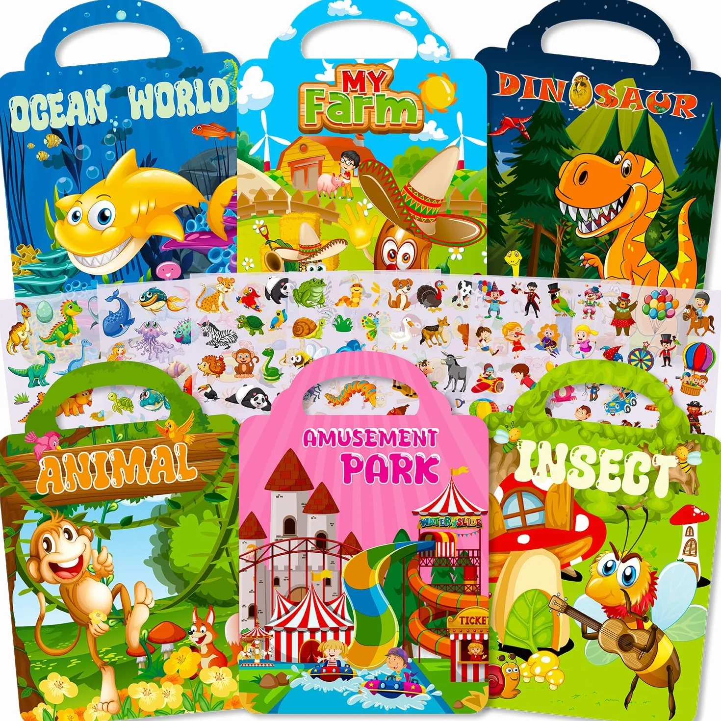 6 Pezzi Libri Stickers Bambini Attacca Stacca Per 2 3 4 5 Anni, Libro Di Adesivi 3D Riutilizzabili Per Bambini include Animali,Fattoria, Dinosauri,Animali Del Mare, Insetti, Parco Divertimenti