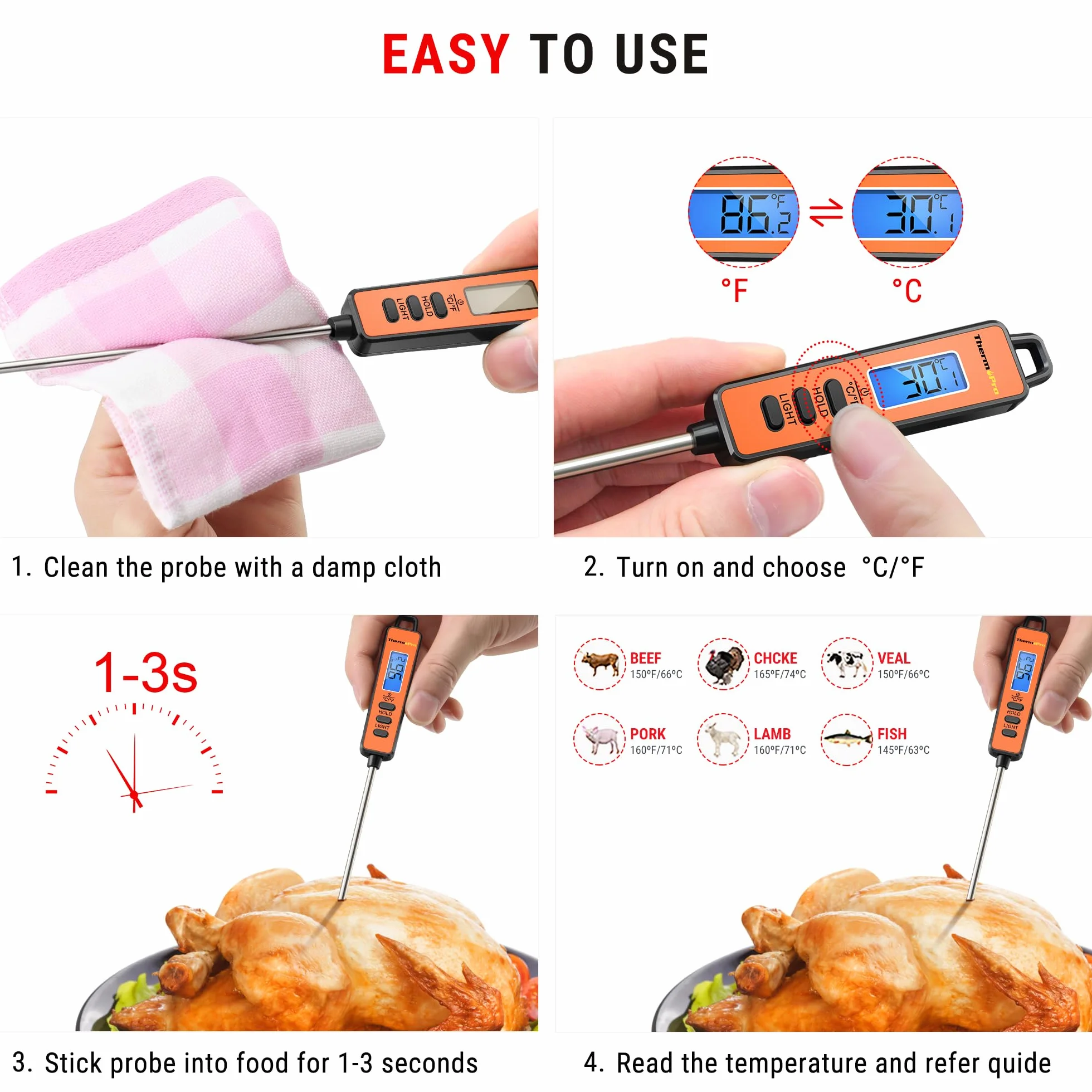 ThermoPro TP01S Termometro da Cucina Digitale Lettura Istantanea Sonda Lunga per Carne Cottura Alimenti Barbecue