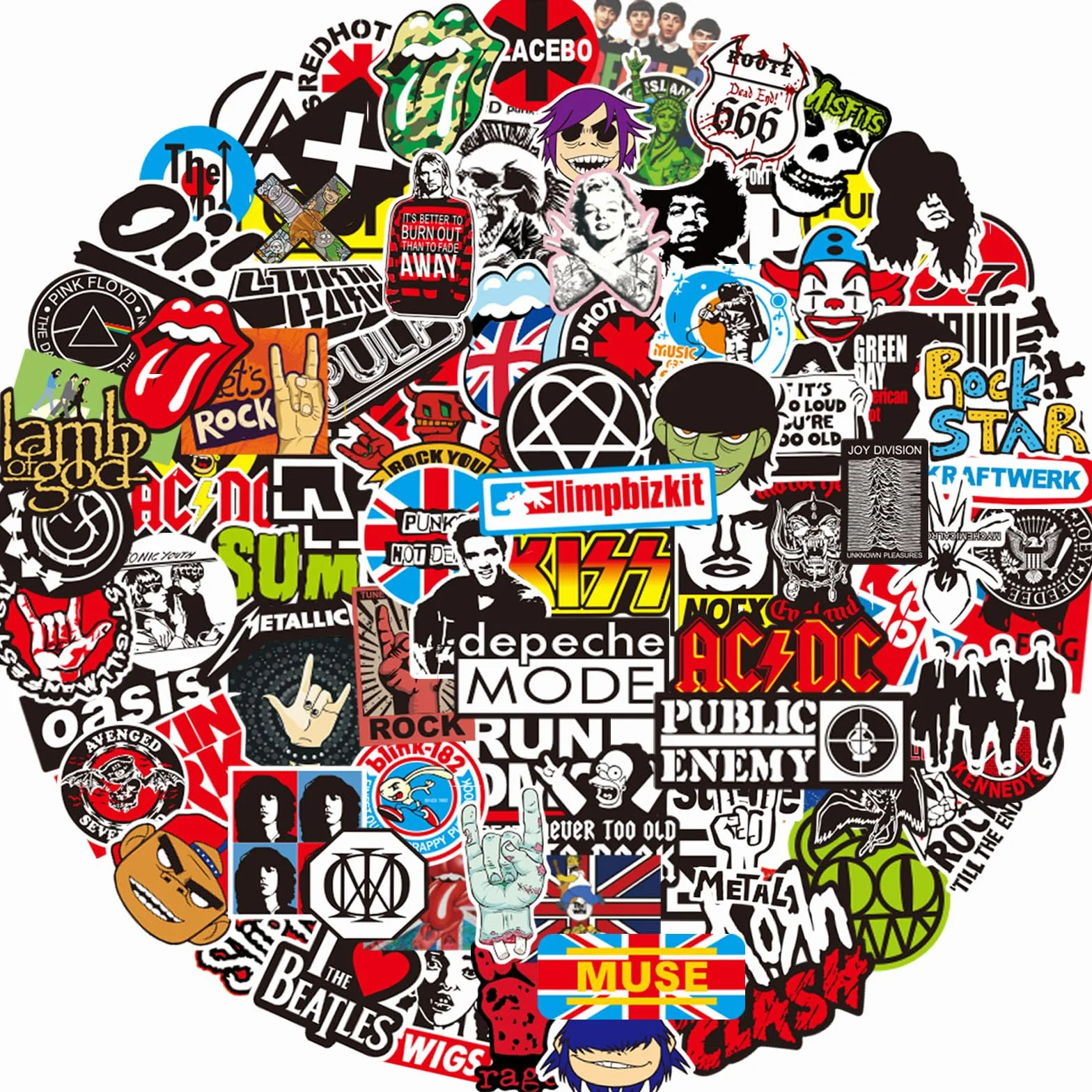 Adesivi Rock Band, 100 pezzi di adesivi rock classici, adesivi cool rock band punk per laptop, album di ritagli, valigie, skateboard, bambini e ragazzi