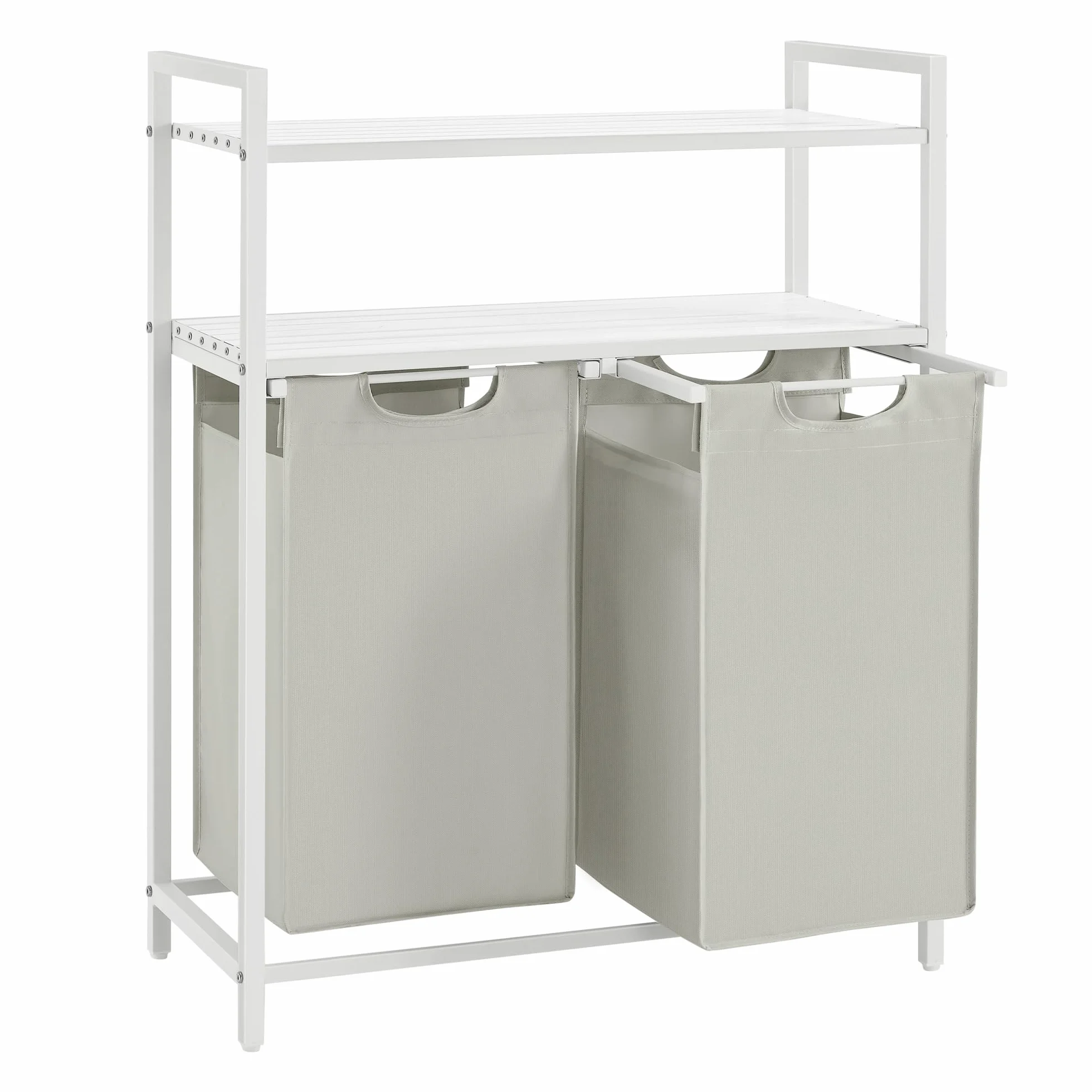 VASAGLE Cesto Portabiancheria, Porta Biancheria con 2 Sacchi Estraibili e Rimovibili, 2 Ripiani Portaoggetti, 46L per Sacco, per Bagno, Lavanderia, Bianco BLH211W01