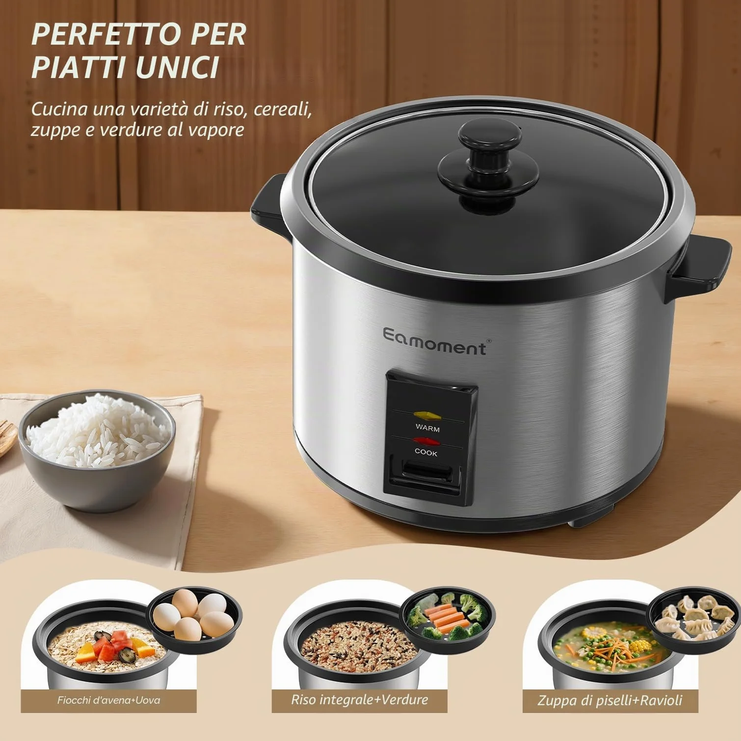 ERC-10CSL 1.8L | 700W Cuociriso & Vaporiera 2 in 1 (1-10 Persone) Pentola rimovibile non antiaderente, Spatola e misurino inclusi, coperchio di vetro