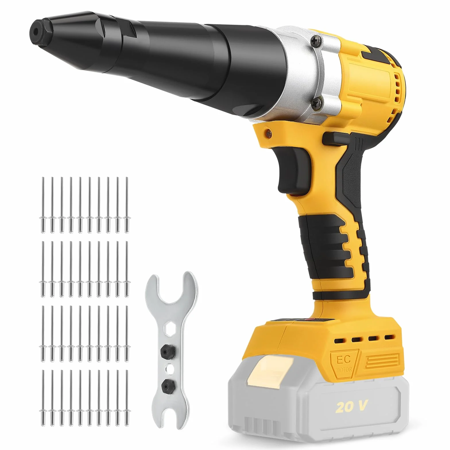 Rivettatrice a batteria con motore brushless, compatibile con batterie da 20 V, con luce da lavoro a LED e 3 ugelli per fai da te e costruzione