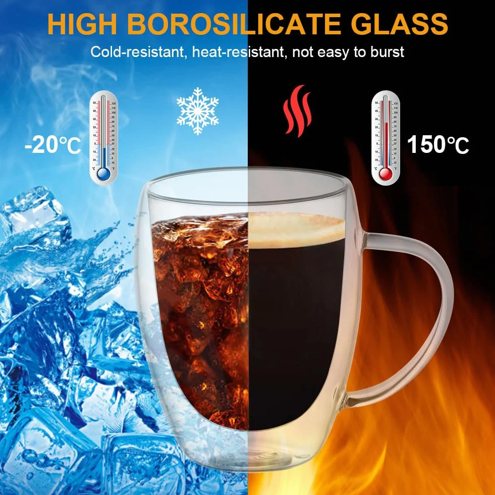 Vicloon Tazza Caffè Doppio Vetro Borosilicato 350 ml, Bicchieri Espresso Doppia Parete con Manico per Caffè, Tè, Latte