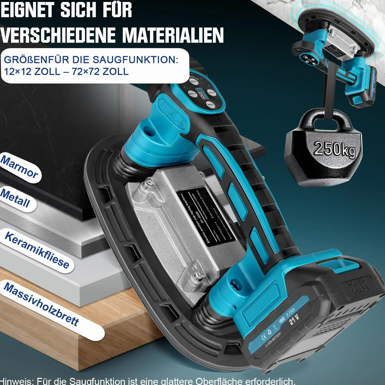 Strumento di vibrazione per piastrelle | con 2x2000mAh Batterie | ventosa da 22,5 x 12 cm | 250KG di Forza di Aspirazione | 9 velocità regolabili | Strumento oscillante per piastrelle