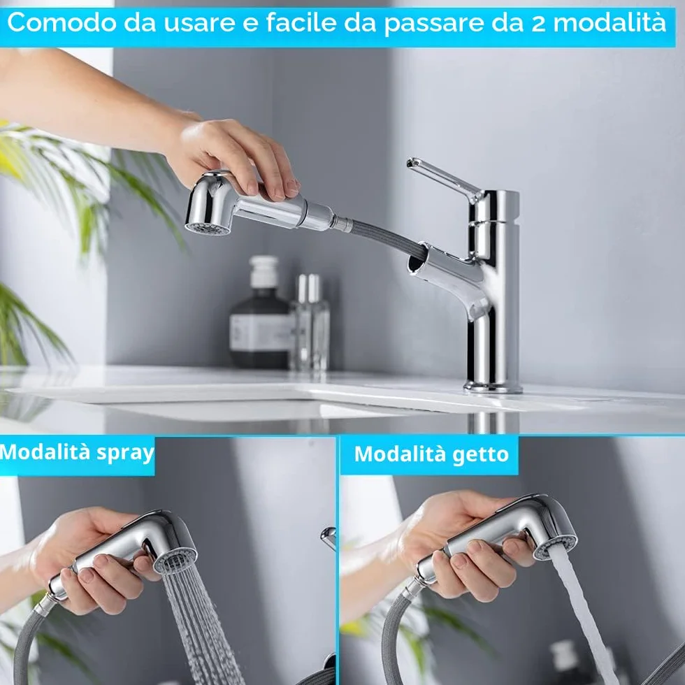 ONECE Rubinetto Bagno Lavabo con Doccetta Estraibile, 2 Modalità Getto, Miscelatore Monocomando in Ottone Cromato, Aeratore Rimovibile, Rubinetti Acqua Calda e Fredda