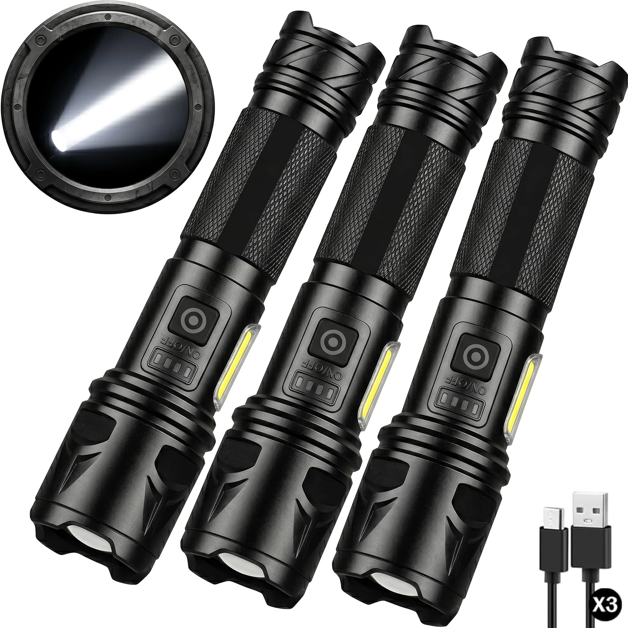 Confezione da 3 torce a LED ricaricabili, 99.000 lumen, super luminose, per campeggio ed emergenze, 7 modalità e messa a fuoco regolabile con luce laterale COB, potente torcia portatile per